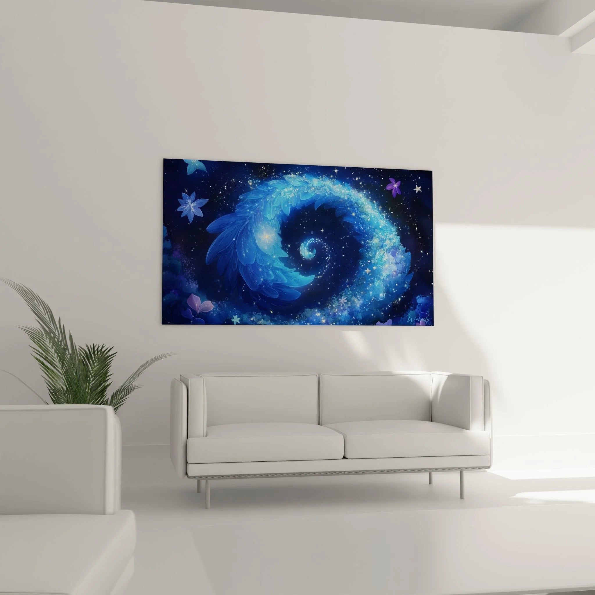 Detailansicht kosmische Spirale Wandbild - leuchtende blaue Partikel und Sterne abstrakt
