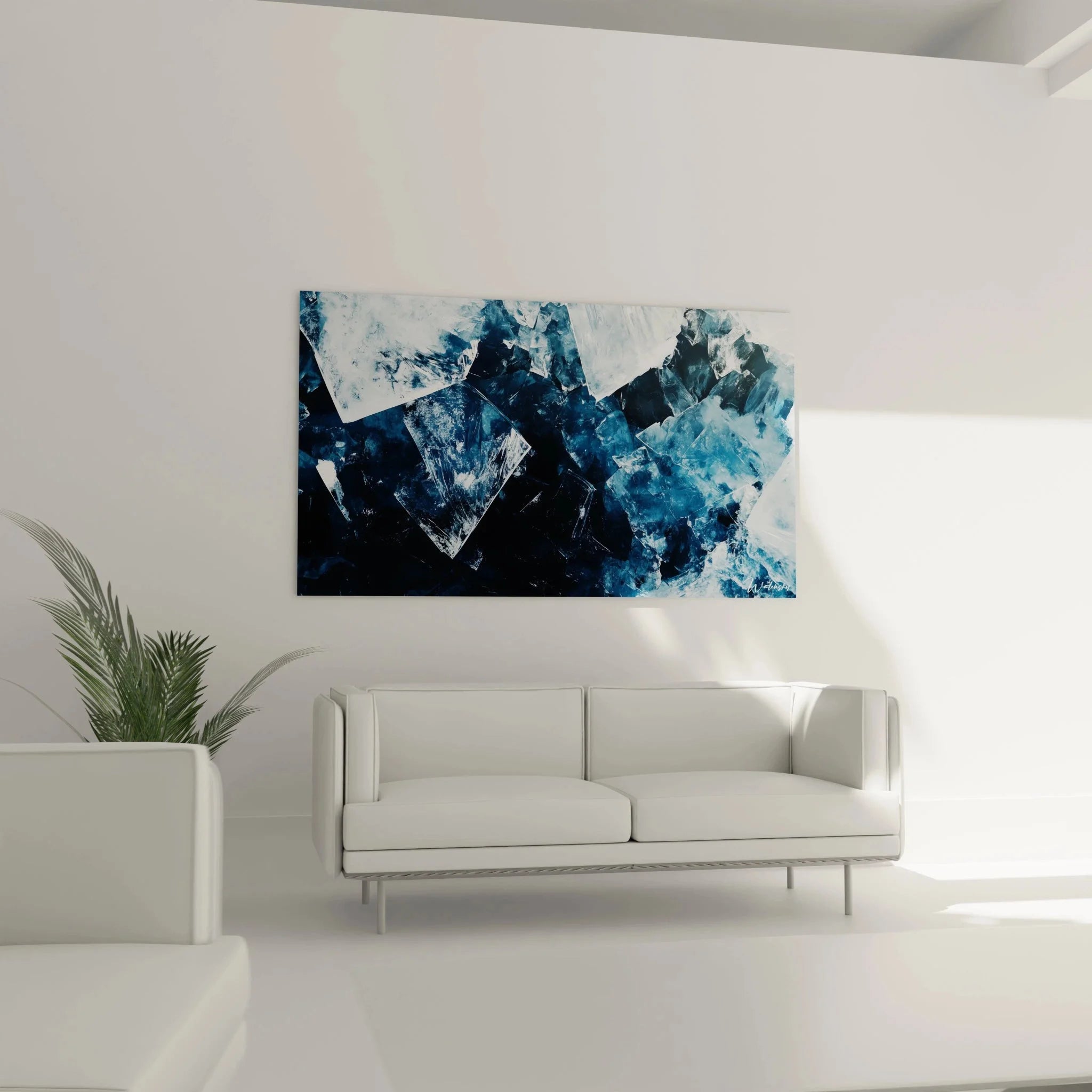 Detailansicht abstrakte Kristallstrukturen Wandbild - geometrische Formen in Blau und Weiß