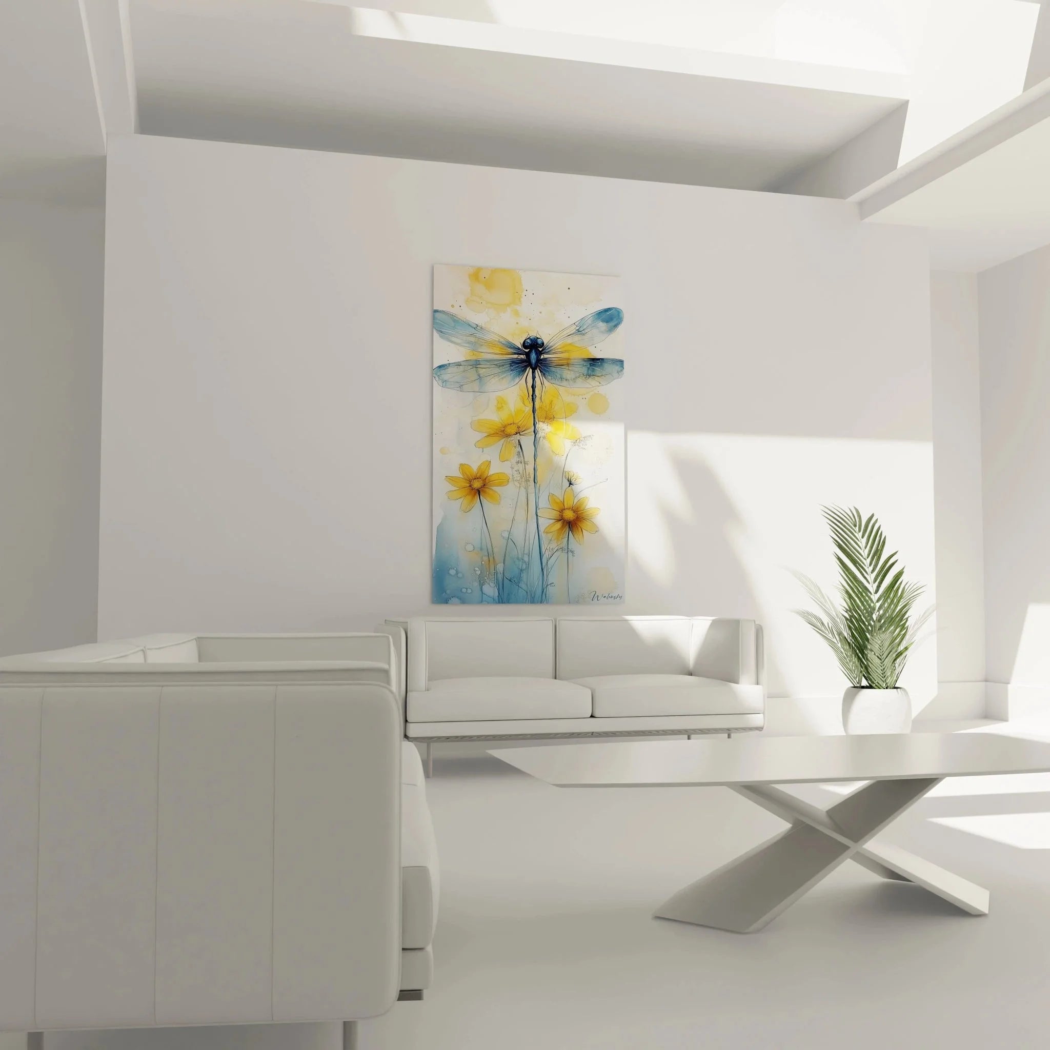 Detailaufnahme Libelle Leinwandbild - blaue Flügel und gelbe Blüten im Aquarell-Stil