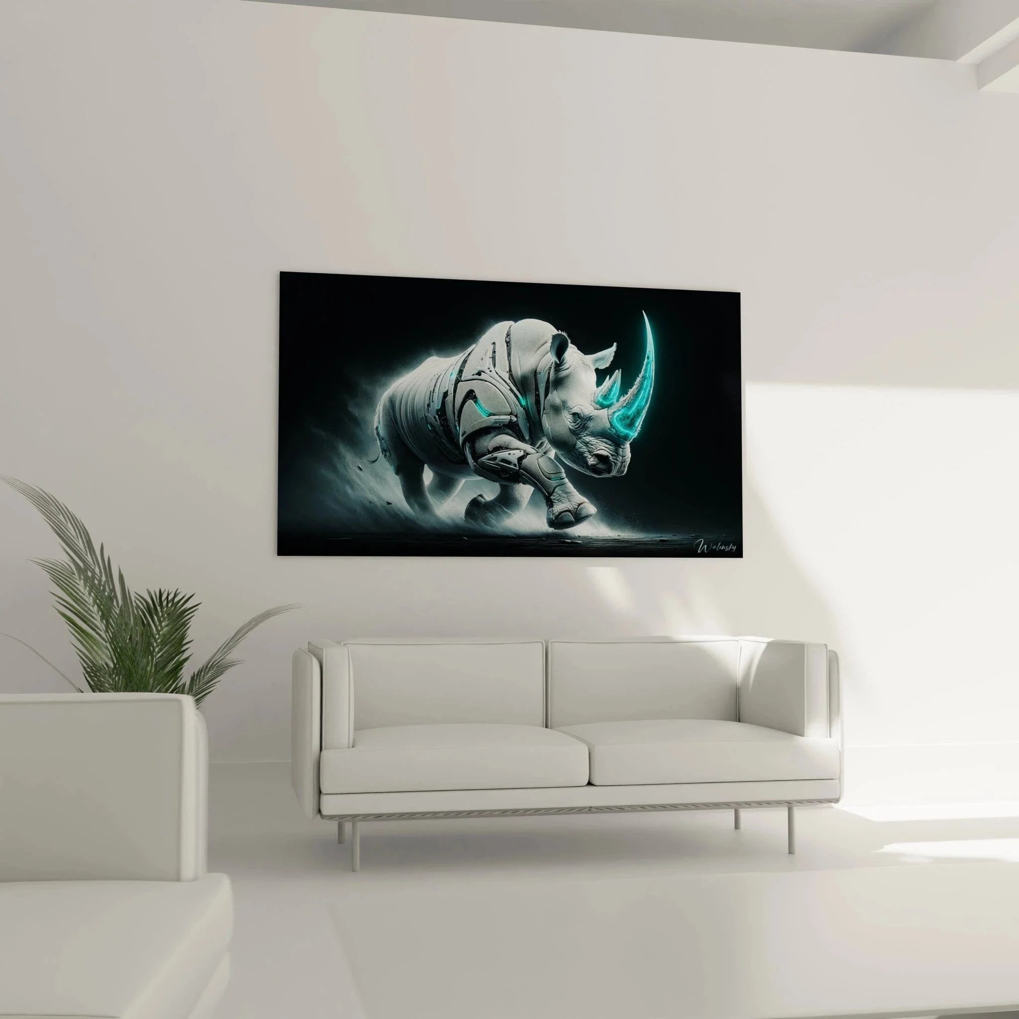 Detailansicht mechanische Rüstung Cyberpunk Nashorn Wandbild mit leuchtenden technischen Elementen