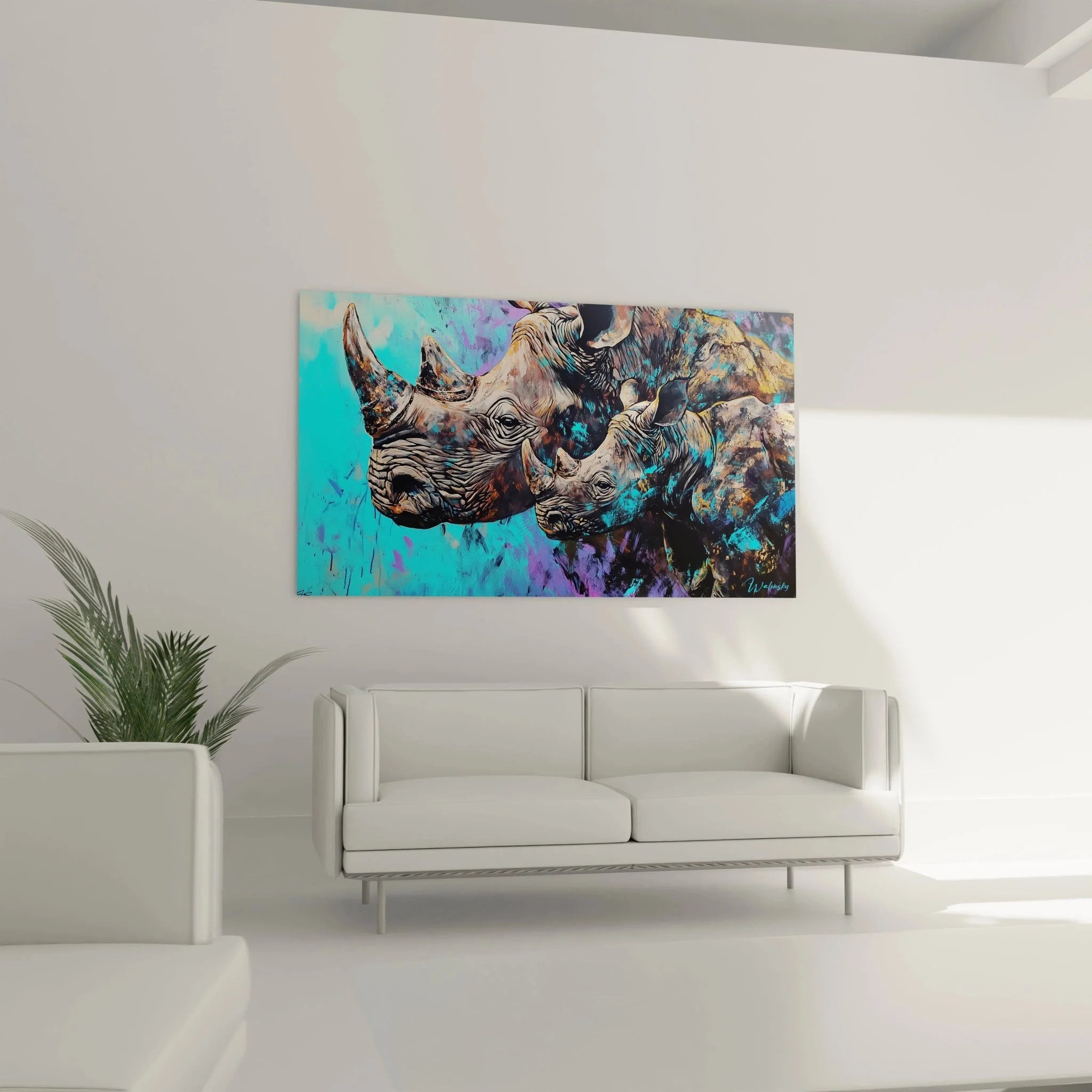 Detailansicht Nashorn Wandkunst mit strukturierter Oberfläche und Farbverläufen