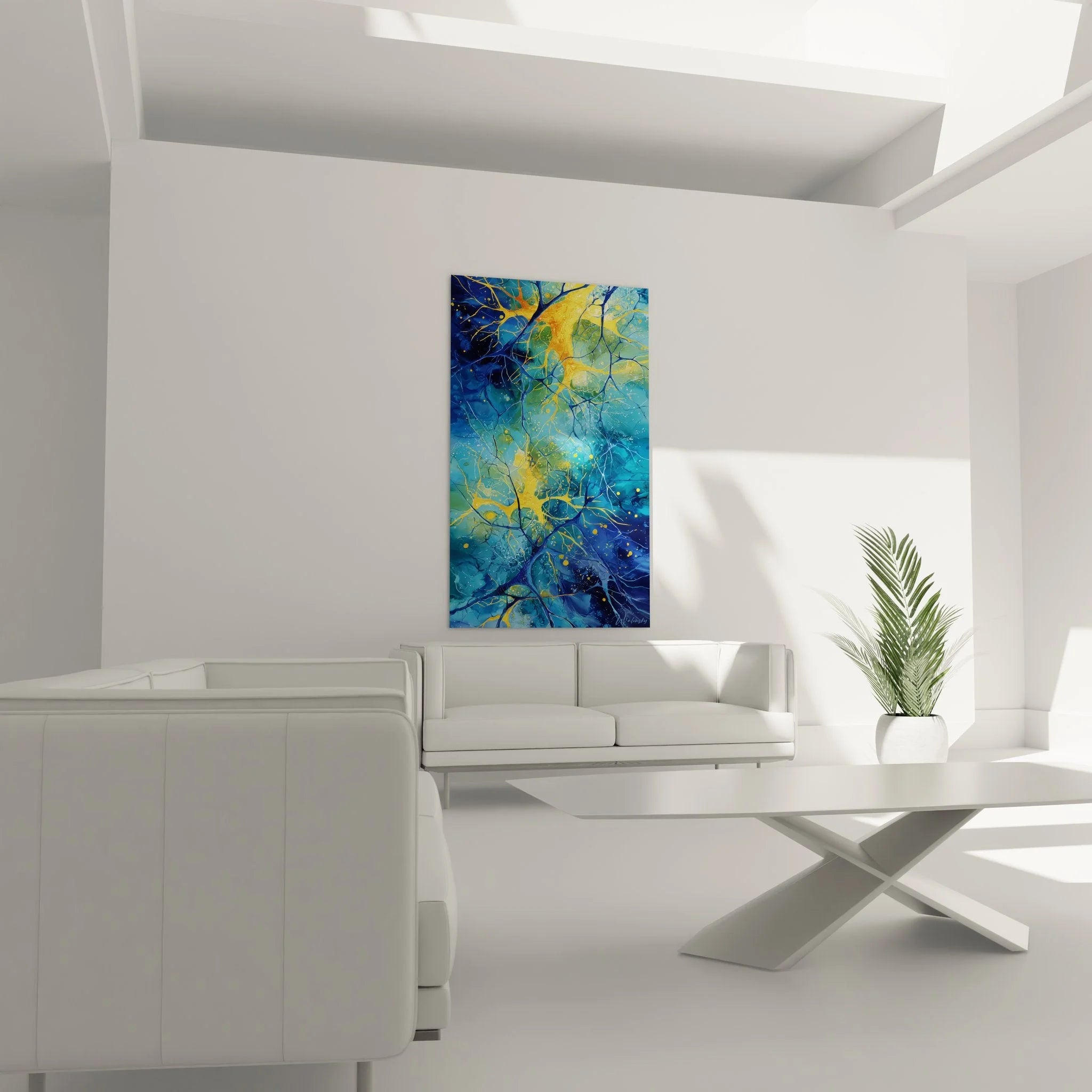 Detailansicht der leuchtenden neuronalen Verbindungen und Synapsen im Wandbild