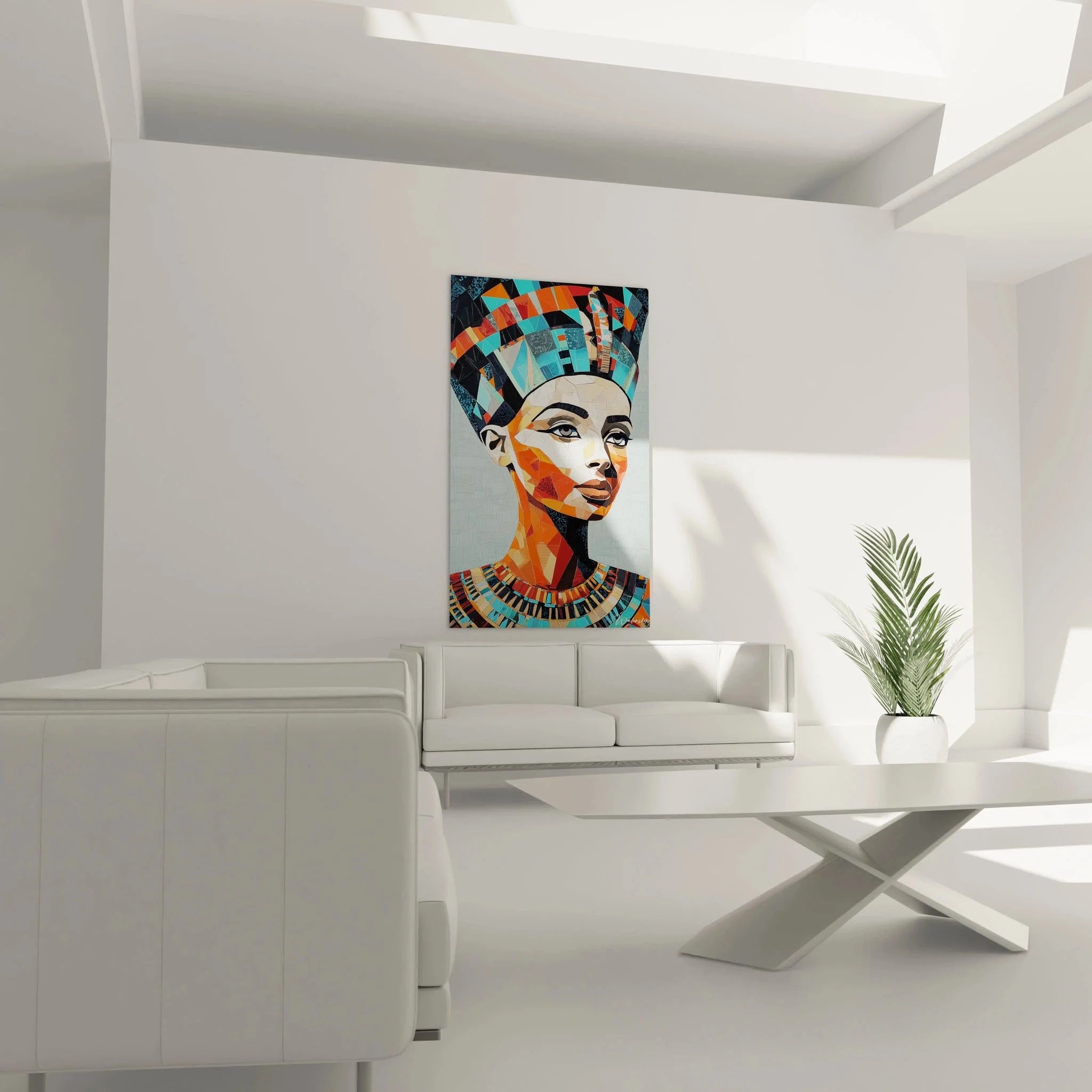 Detailansicht abstraktes Nofretete Wandbild mit geometrischen Mustern und ägyptischem Königinnenmotiv