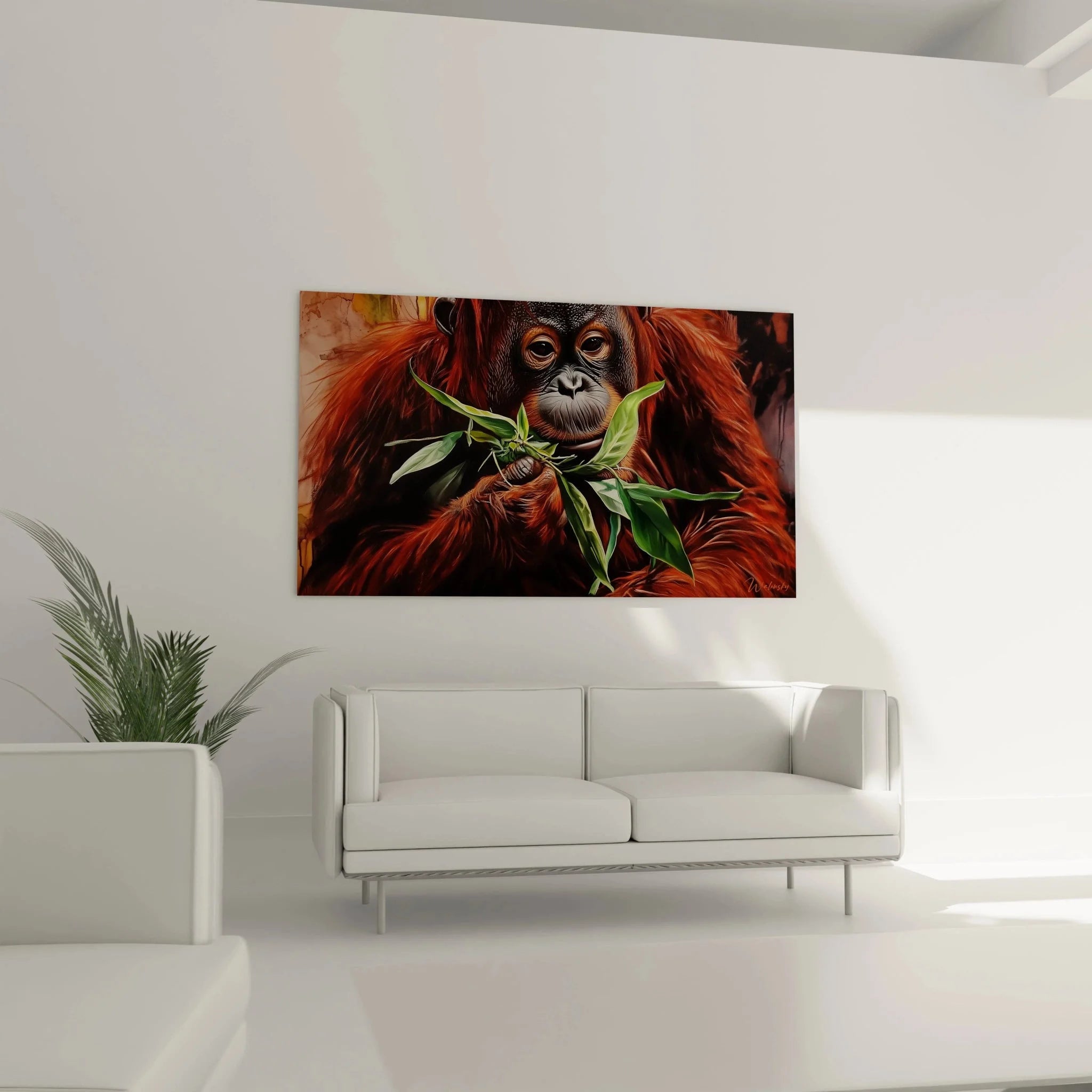 Detailansicht Orang-Utan Wandbild - Nahaufnahme der ausdrucksstarken Augen und rötlichen Fellstruktur