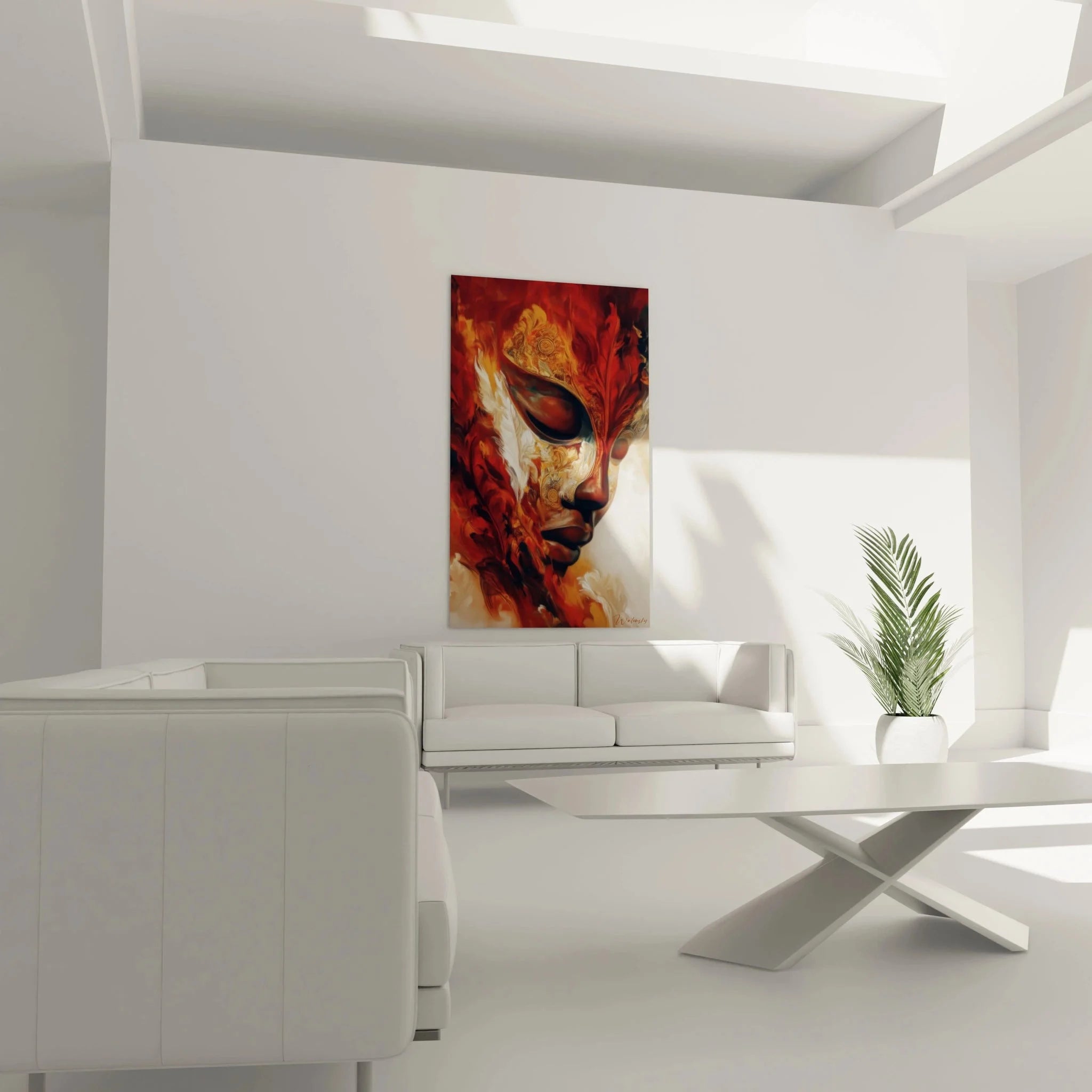 Detailansicht ornamentale venezianische Maske mit goldenen Verzierungen und roten Flammenelementen