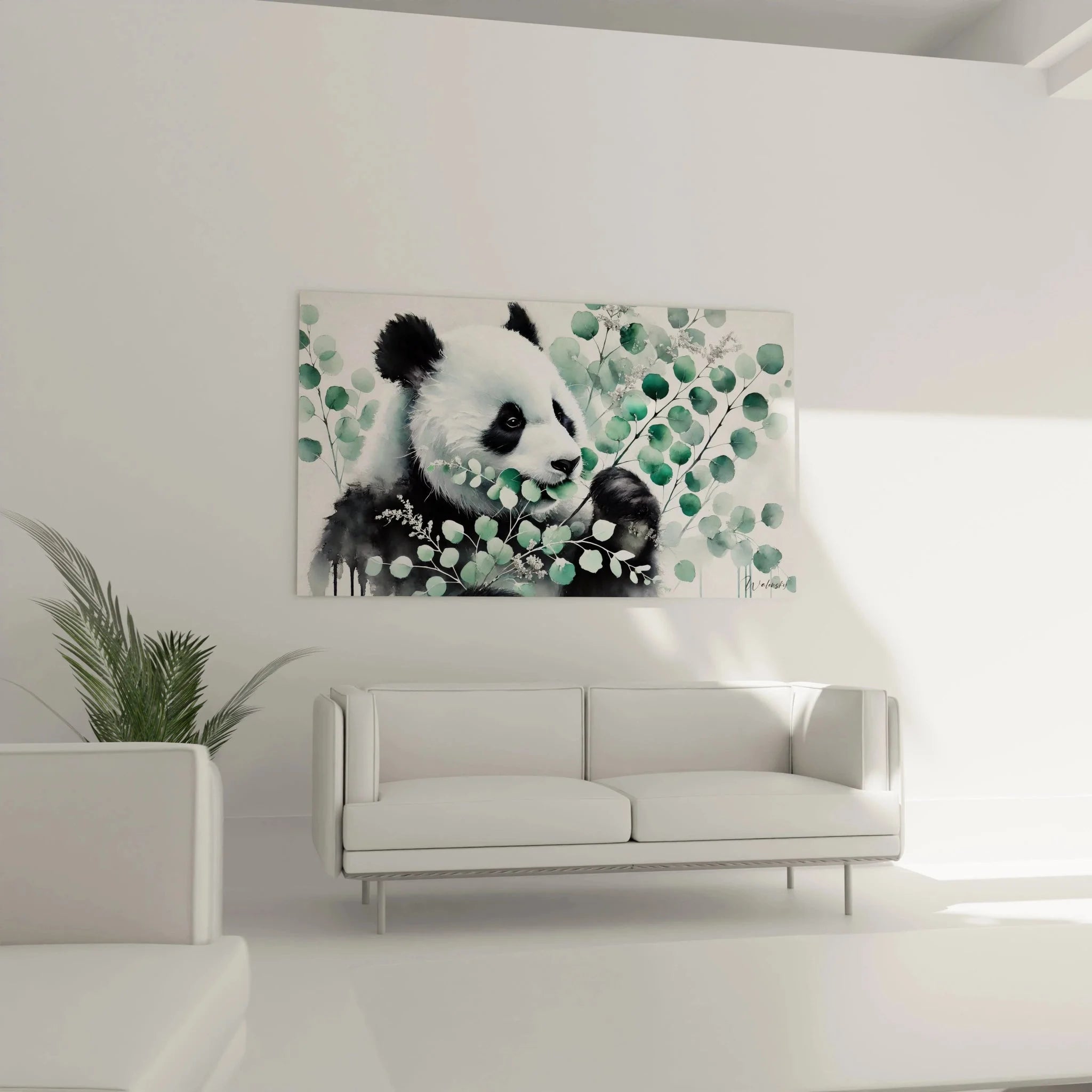 Detailansicht Panda Aquarell Wandkunst, realistische Felldarstellung mit Eukalyptuszweigen