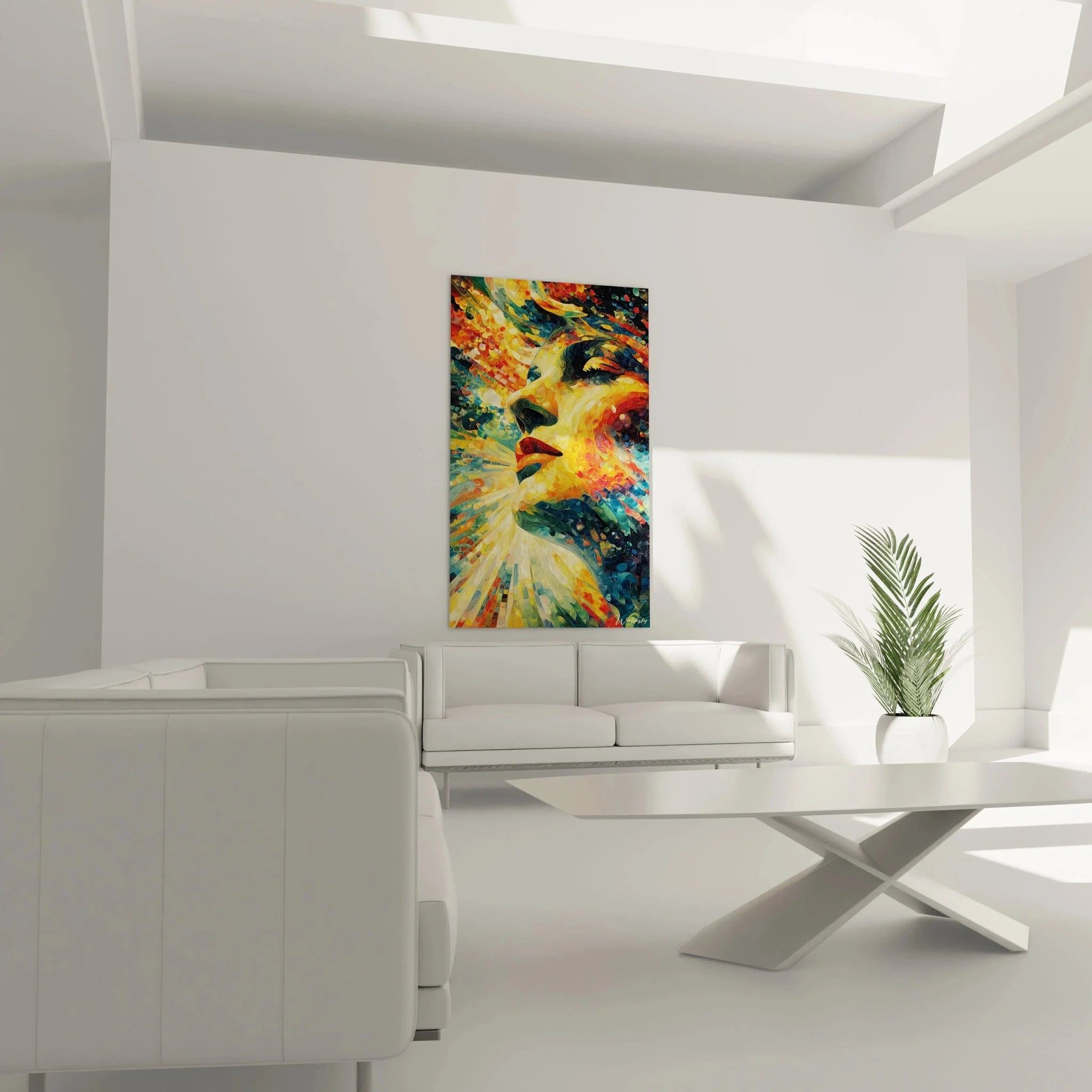 Detailansicht Pointillismus Gesicht Explosion mit leuchtenden Farbpunkten und Energiestrahlen