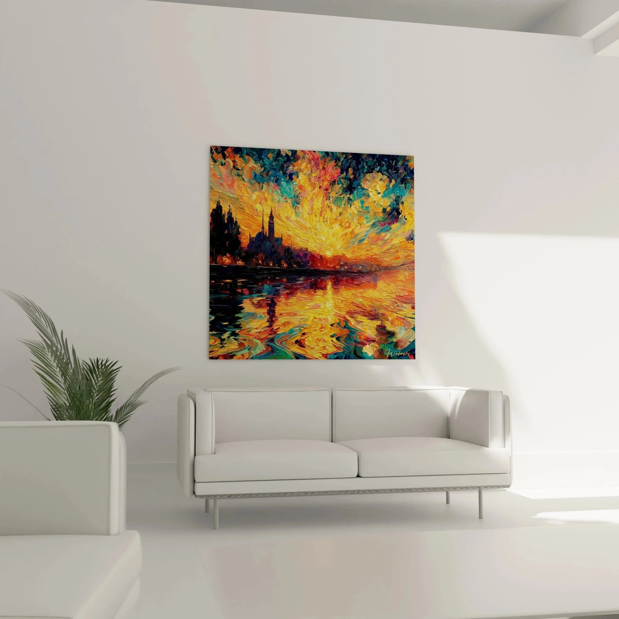 Detailansicht Pointillismus Maltechnik Venedig Sonnenuntergang mit leuchtenden Orange- und Gelbtönen