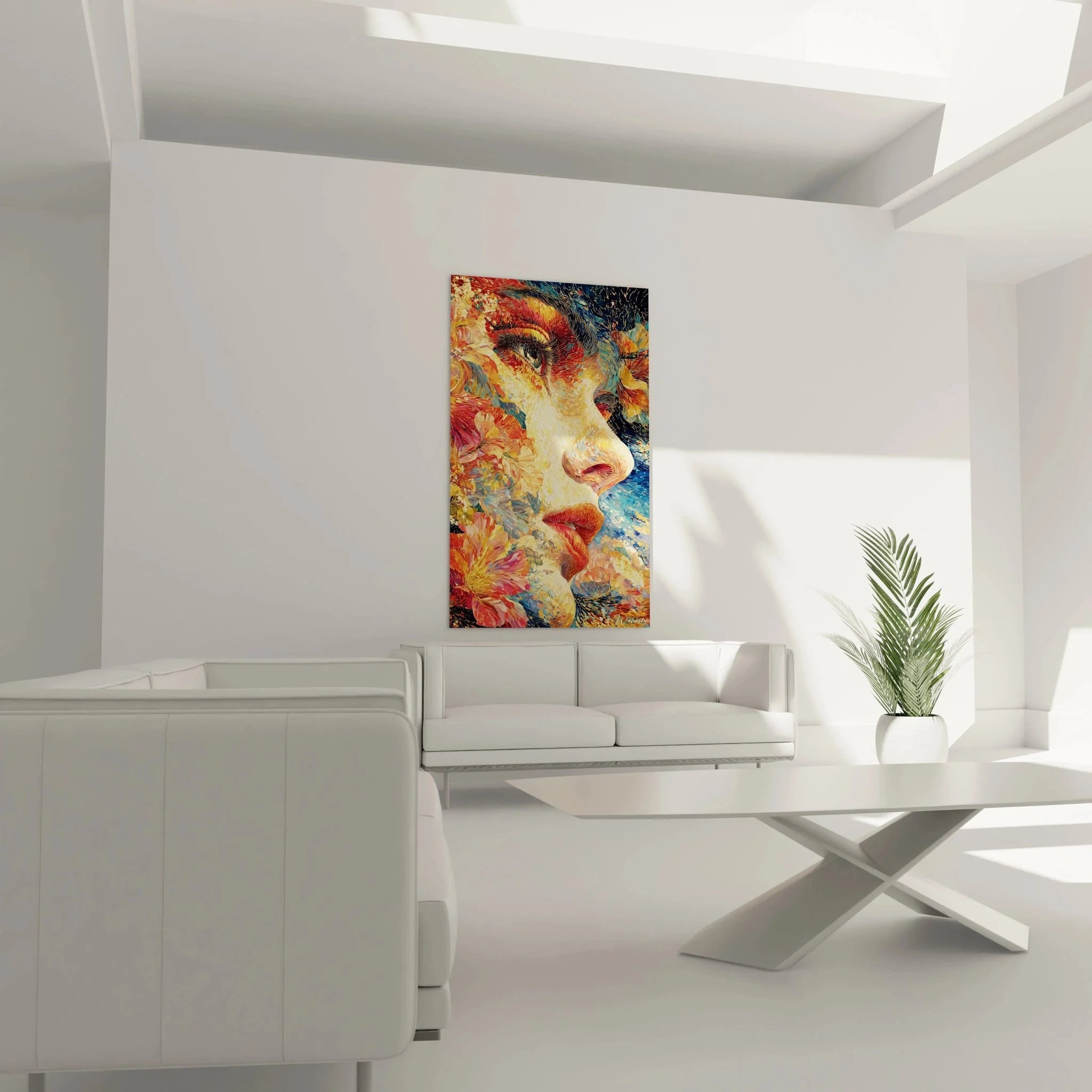 Detailansicht Pointillismus Wandbild Frauenportrait mit Hibiskusblüten und impressionistischen Farbübergängen