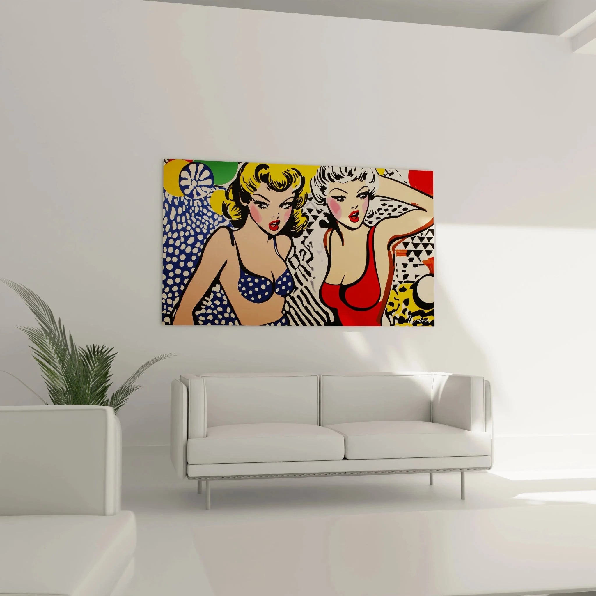 Detailansicht Pop Art Wandbild zeigt kunstvolle Darstellung von Pin-Up Frauen im Vintage Stil