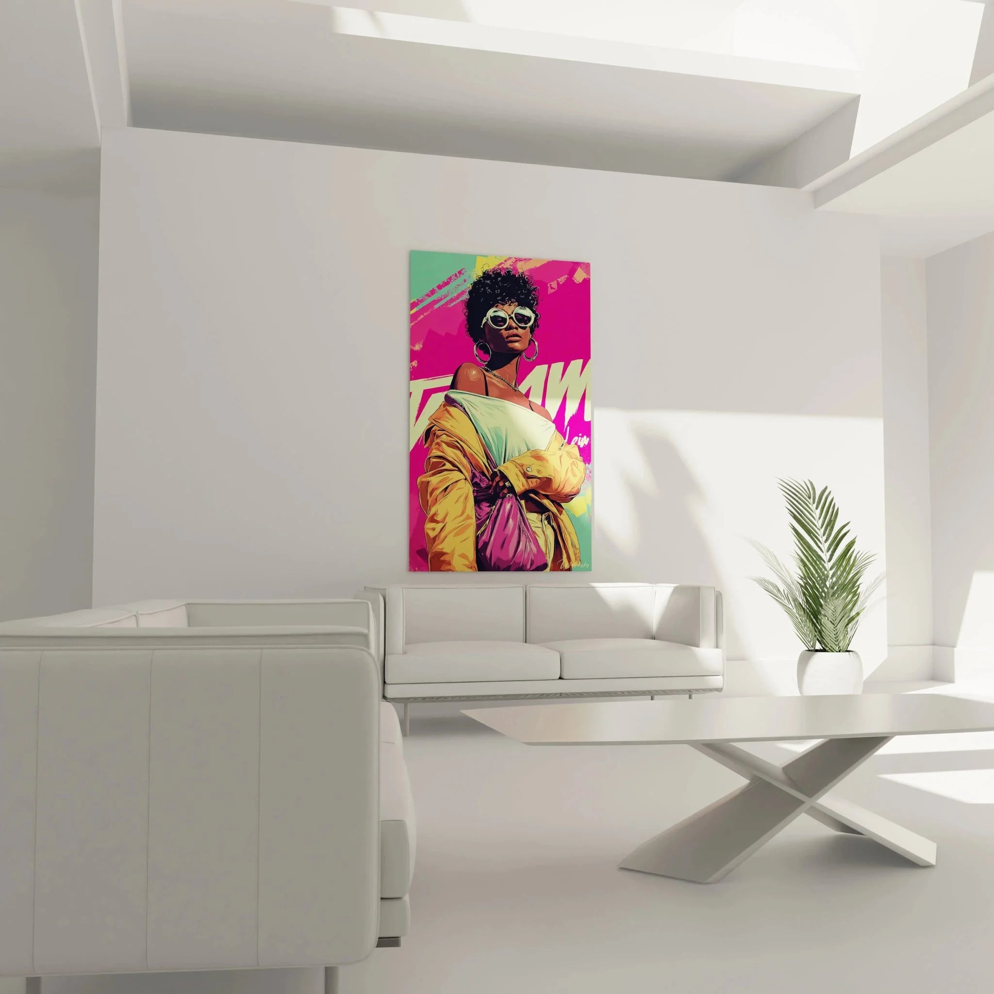 Detail Aufnahme: Pop Art Wandbild mit Vintage Sonnenbrille und 80er Jahre Mode Elementen