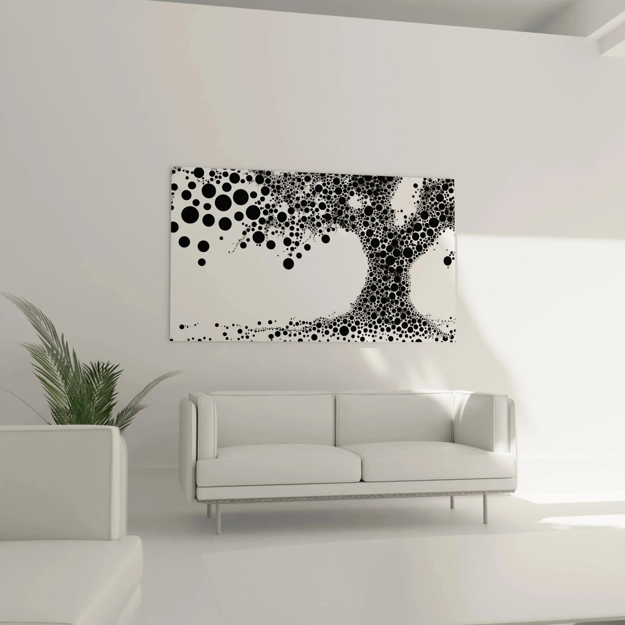 Detailansicht Wandbild Punktkunst schwarz-weiße Kreise abstrakte Gesichtsdarstellung