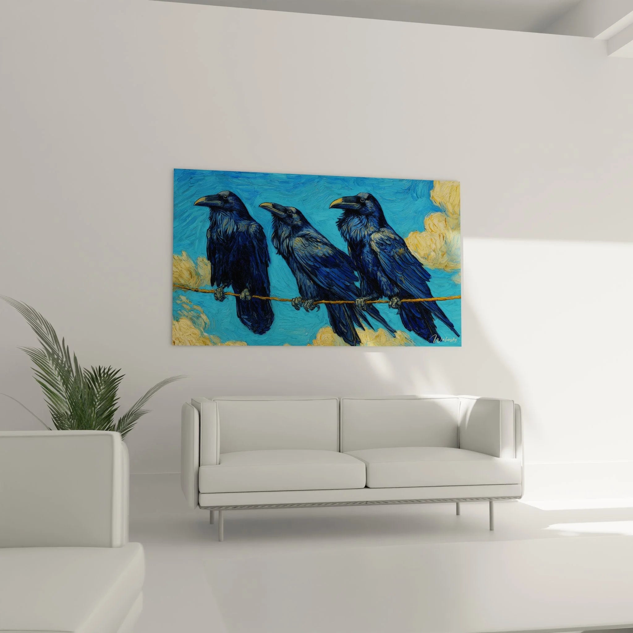 Detailansicht Raben Kunstdruck - schwarze Corvidae Vögel mit glänzenden Federn, impressionistische Maltechnik