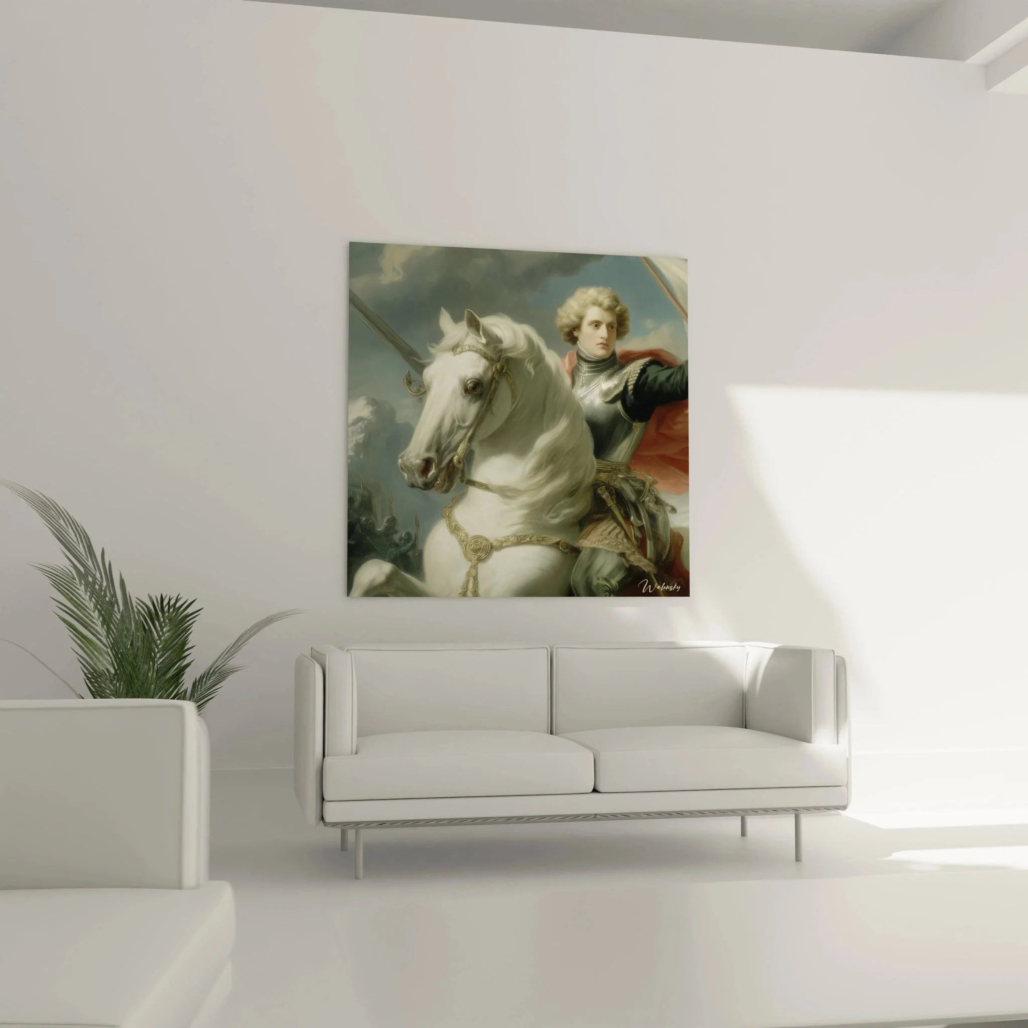 Detailansicht neoklassisches Reiterporträt, General in goldverzierter Rüstung auf prächtigem weißen Hengst