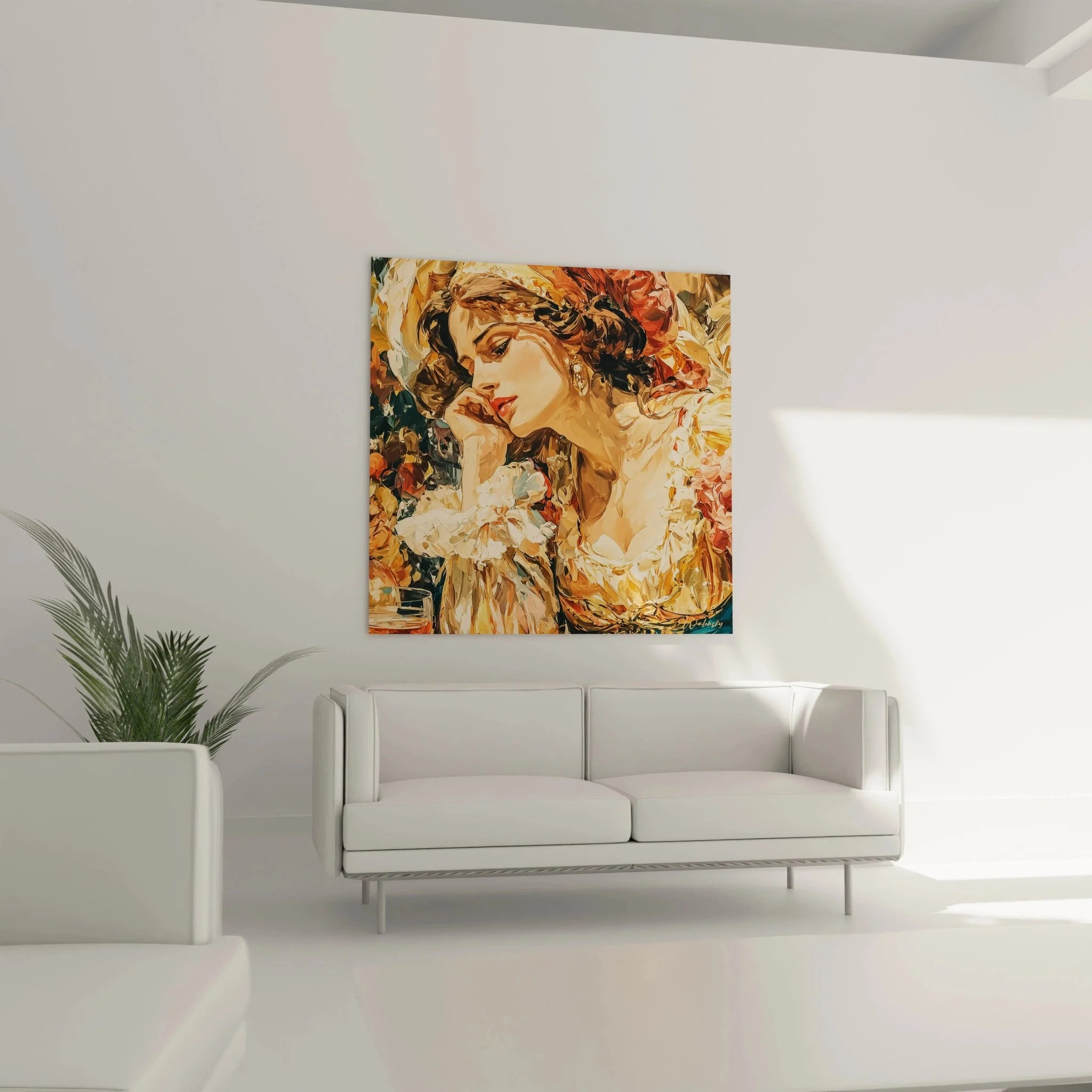 Detailansicht Renaissance Dame Wandbild mit kunstvollen Blumenverzierungen und warmen Farbtönen