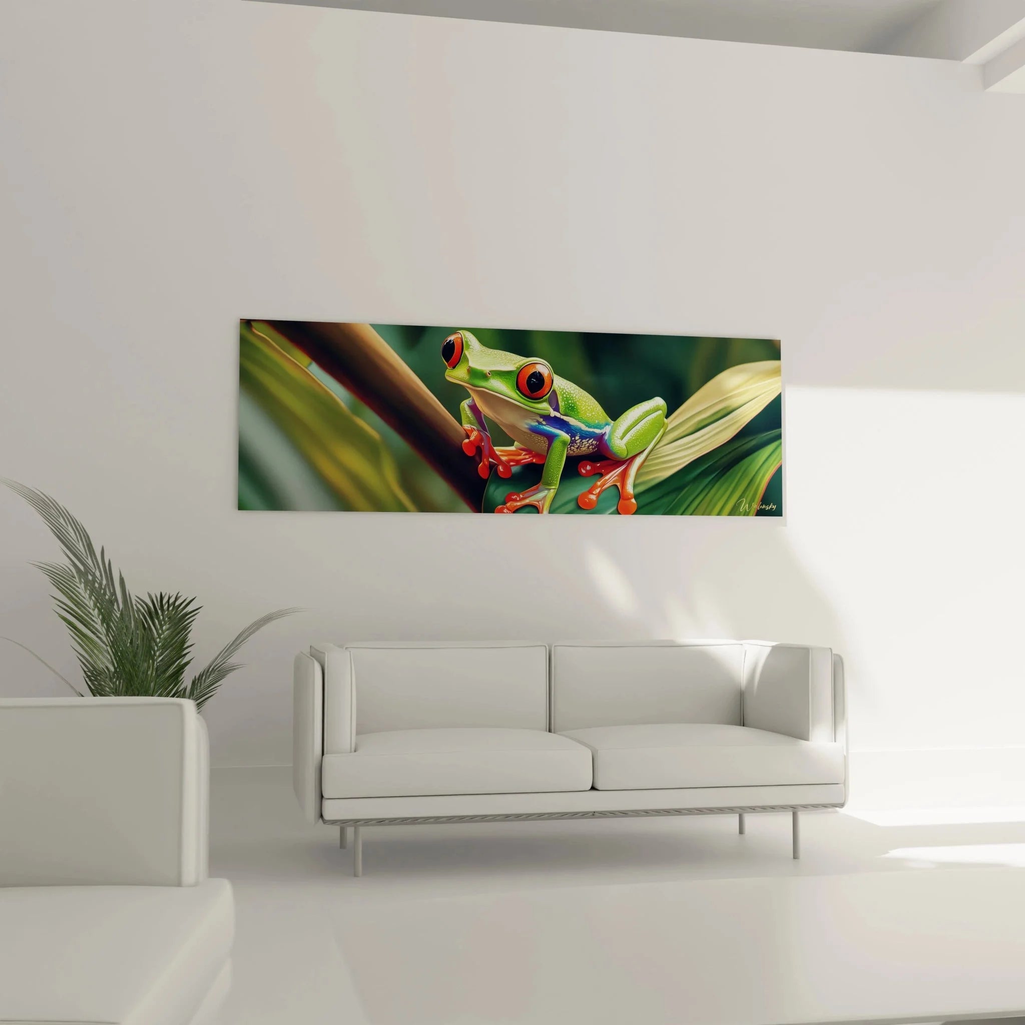 Detailaufnahme Rotaugenlaubfrosch Wandbild - leuchtende rote Augen und grüne Haut Kunstdruck