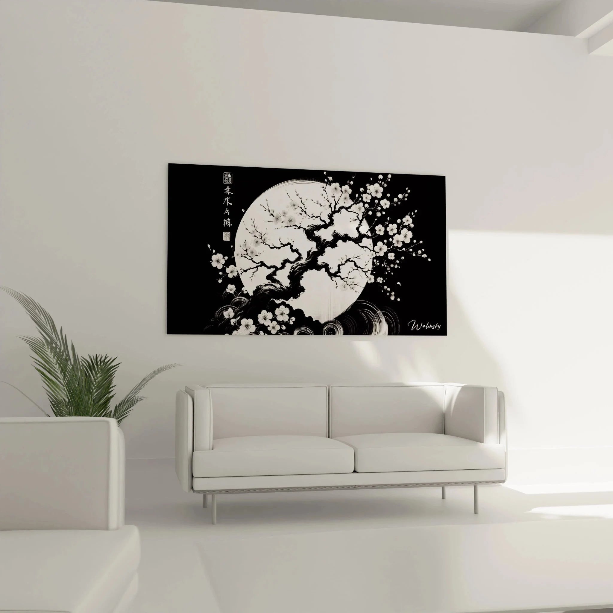 Detailaufnahme der Sakura Blüten und japanischen Schriftzeichen auf schwarzem Hintergrund