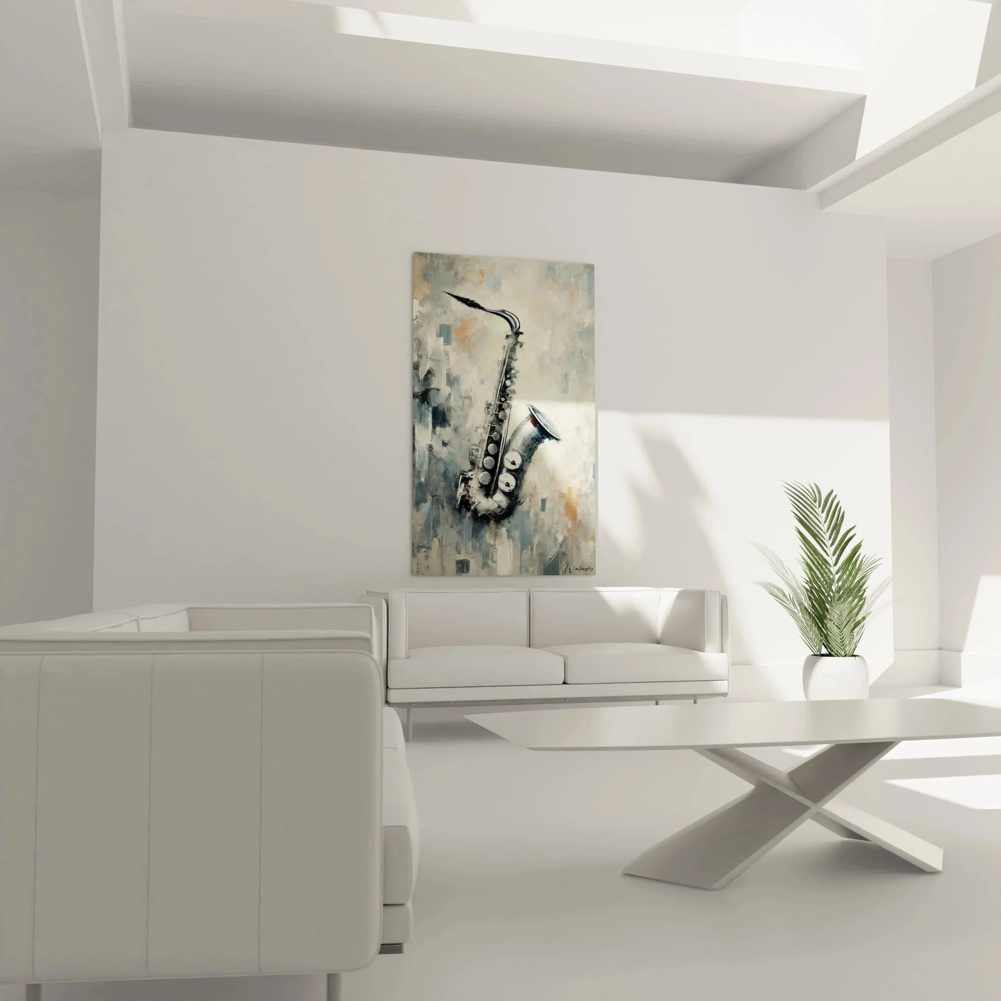 Detailaufnahme Saxophon Wandkunst, metallische Textur und abstrakte Pinselführung