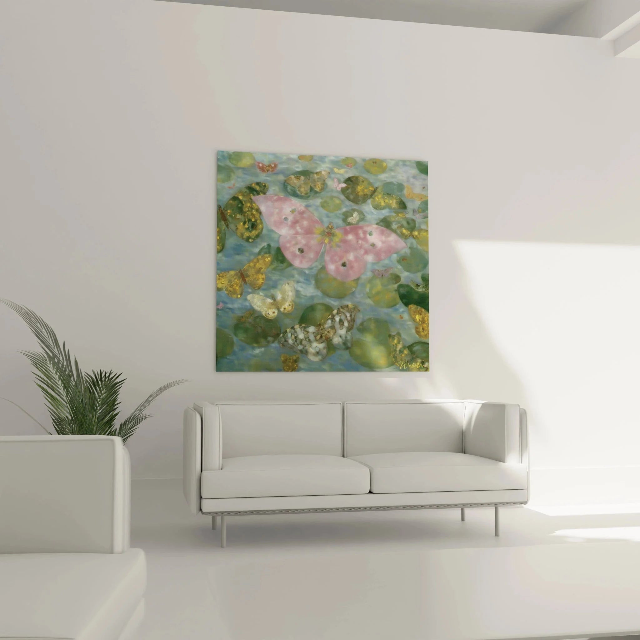 Detailansicht symbolistisches Wandbild - Rosa Schmetterling mit goldenen Flügeln über türkisem Wasser