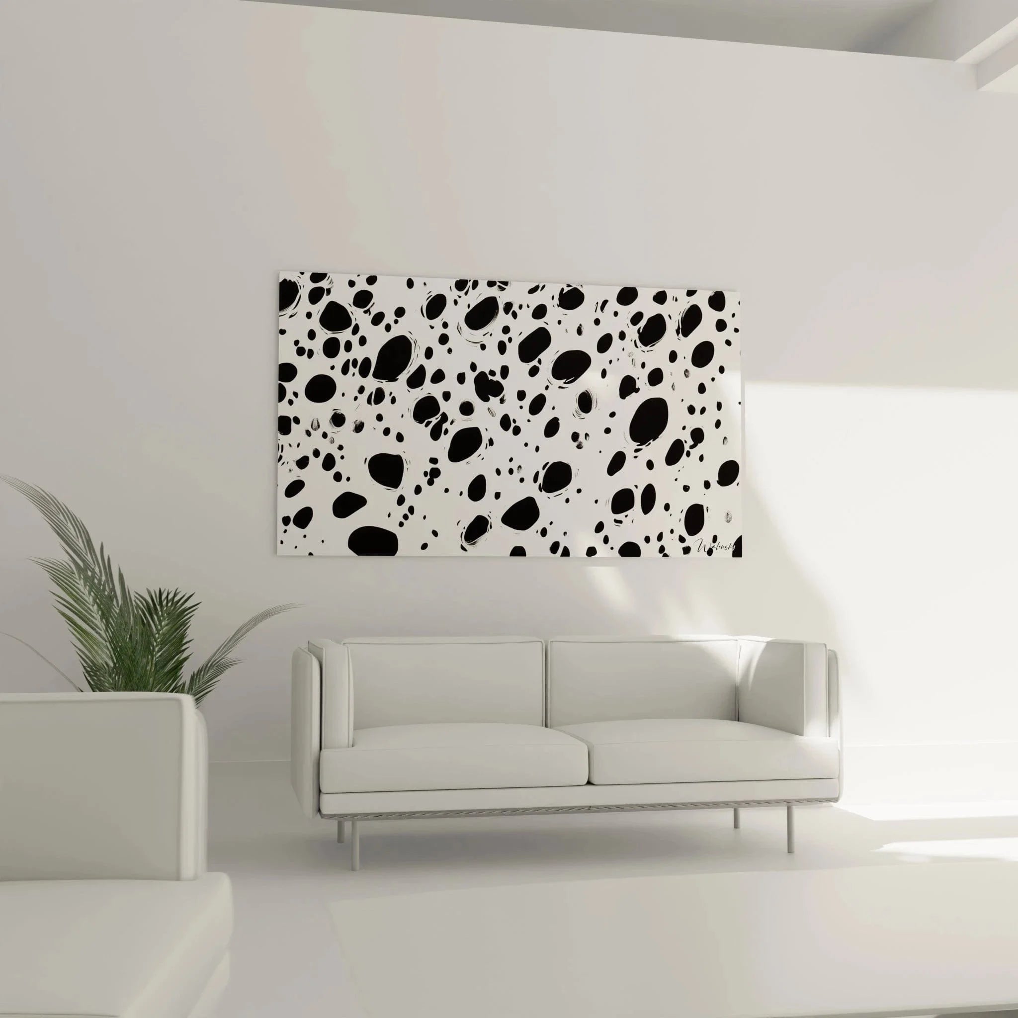 Detailansicht der schwarzen Tupfen und Punkte, organische Formen in schwarz-weiß Kontrast