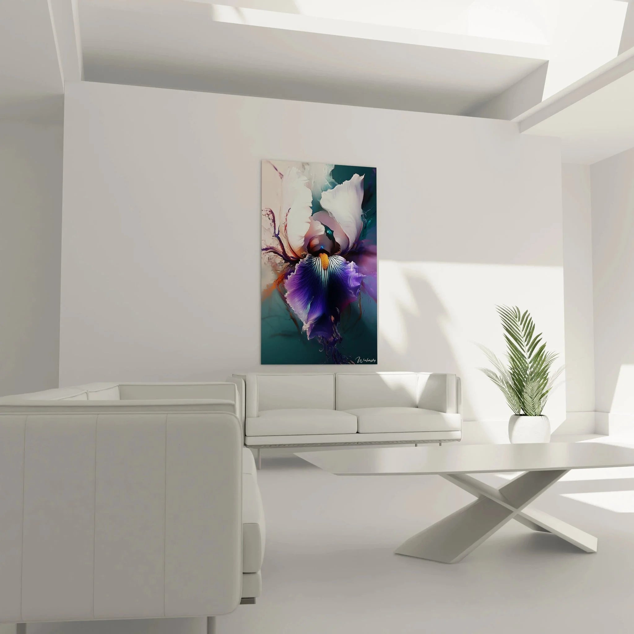 Detailansicht abstrakte Schwertlilie Wandbild mit violetten Blütenblättern