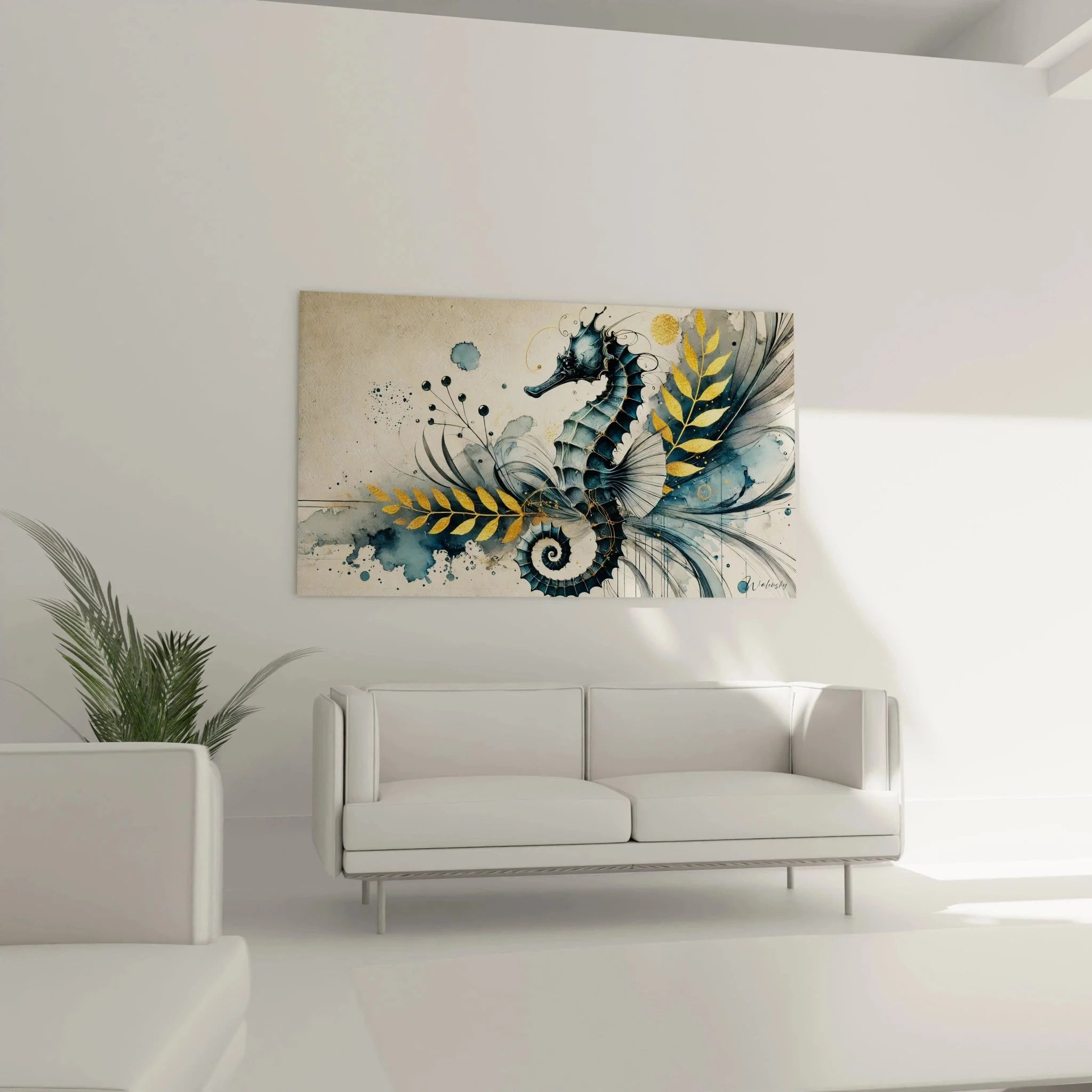 Detailansicht abstraktes Seepferdchen Kunstwerk mit goldenen Pflanzen und Aquarell-Strukturen