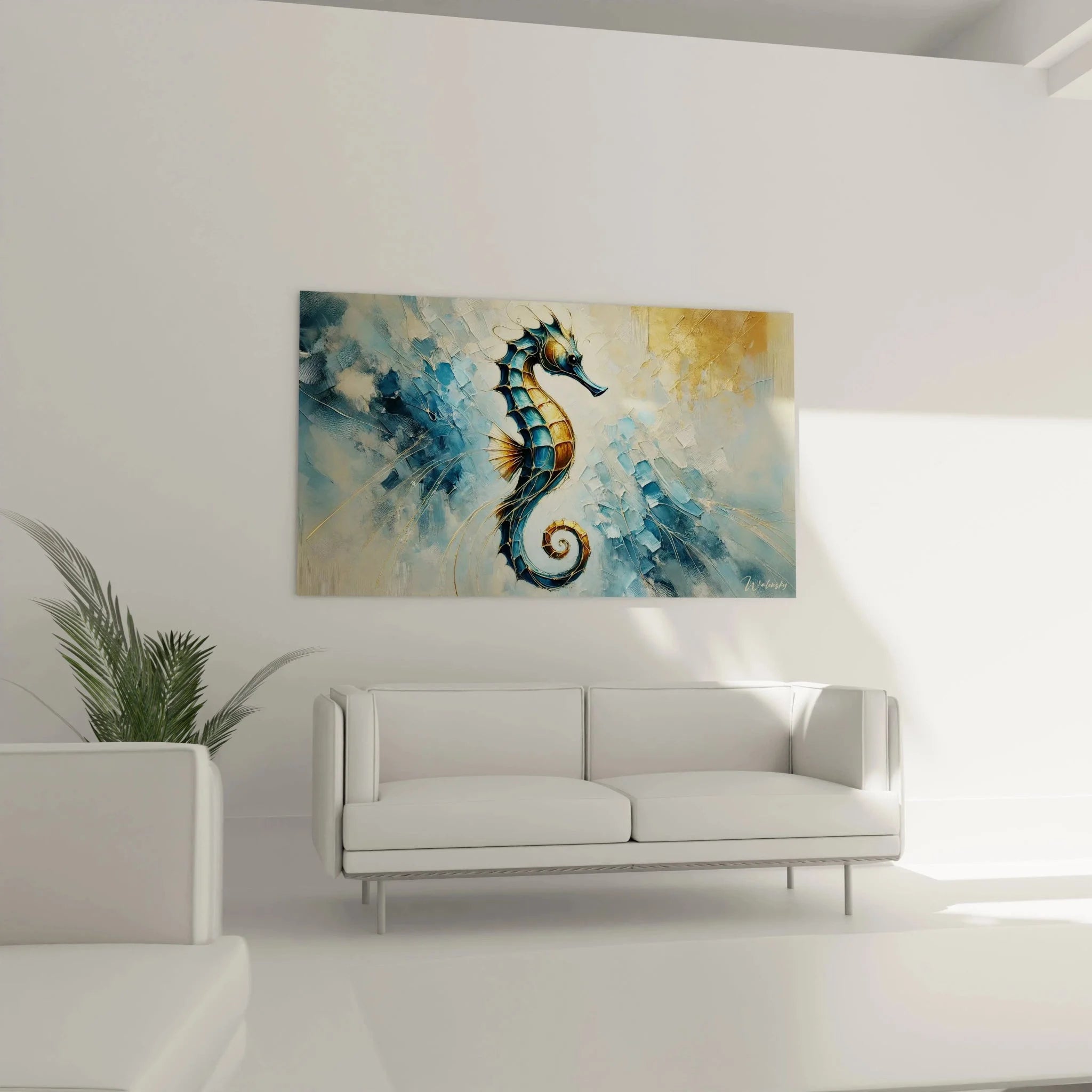 Detailansicht abstraktes Seepferdchen Wandbild - Goldene Akzente und blaue Farbverläufe