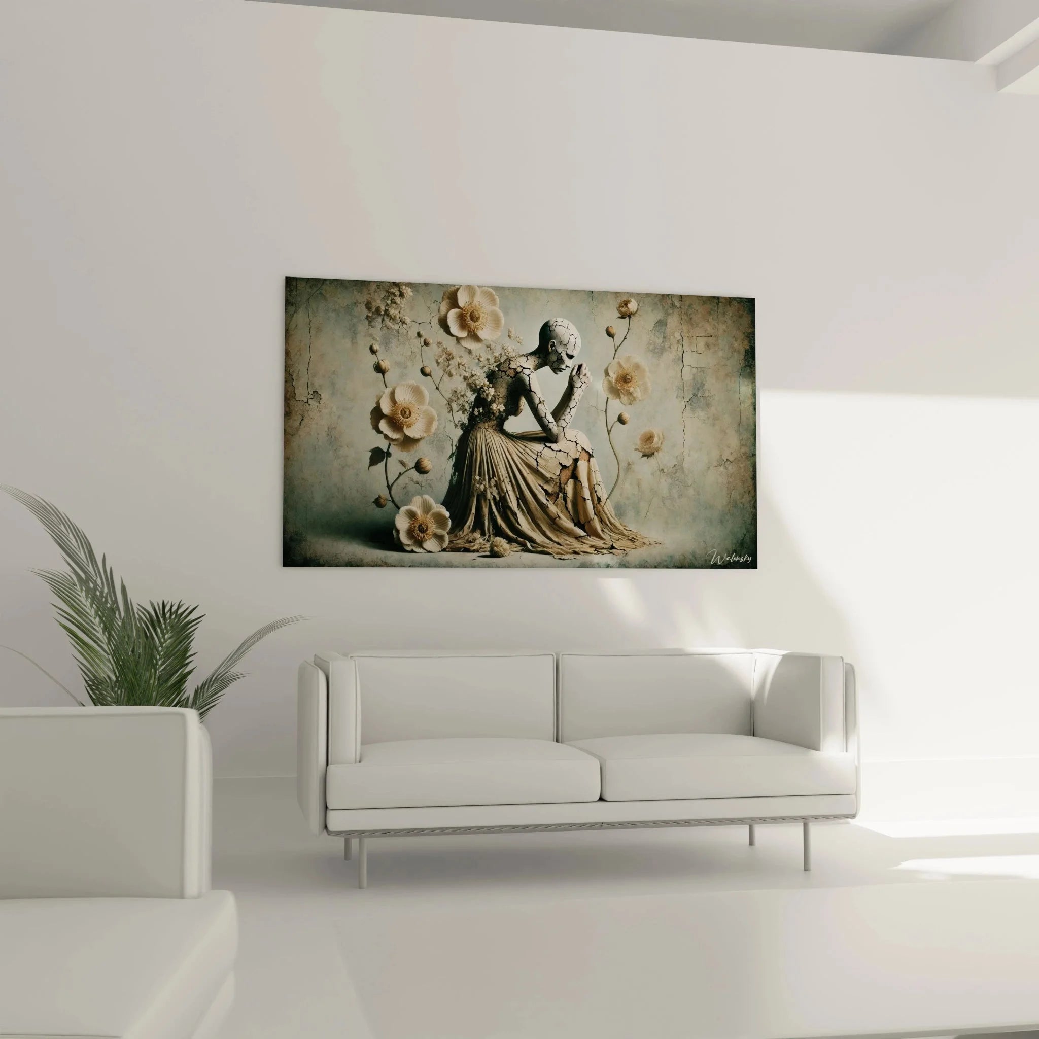 Detailansicht surrealistische Wandkunst mit rissiger Frauengestalt und schwebenden Blüten