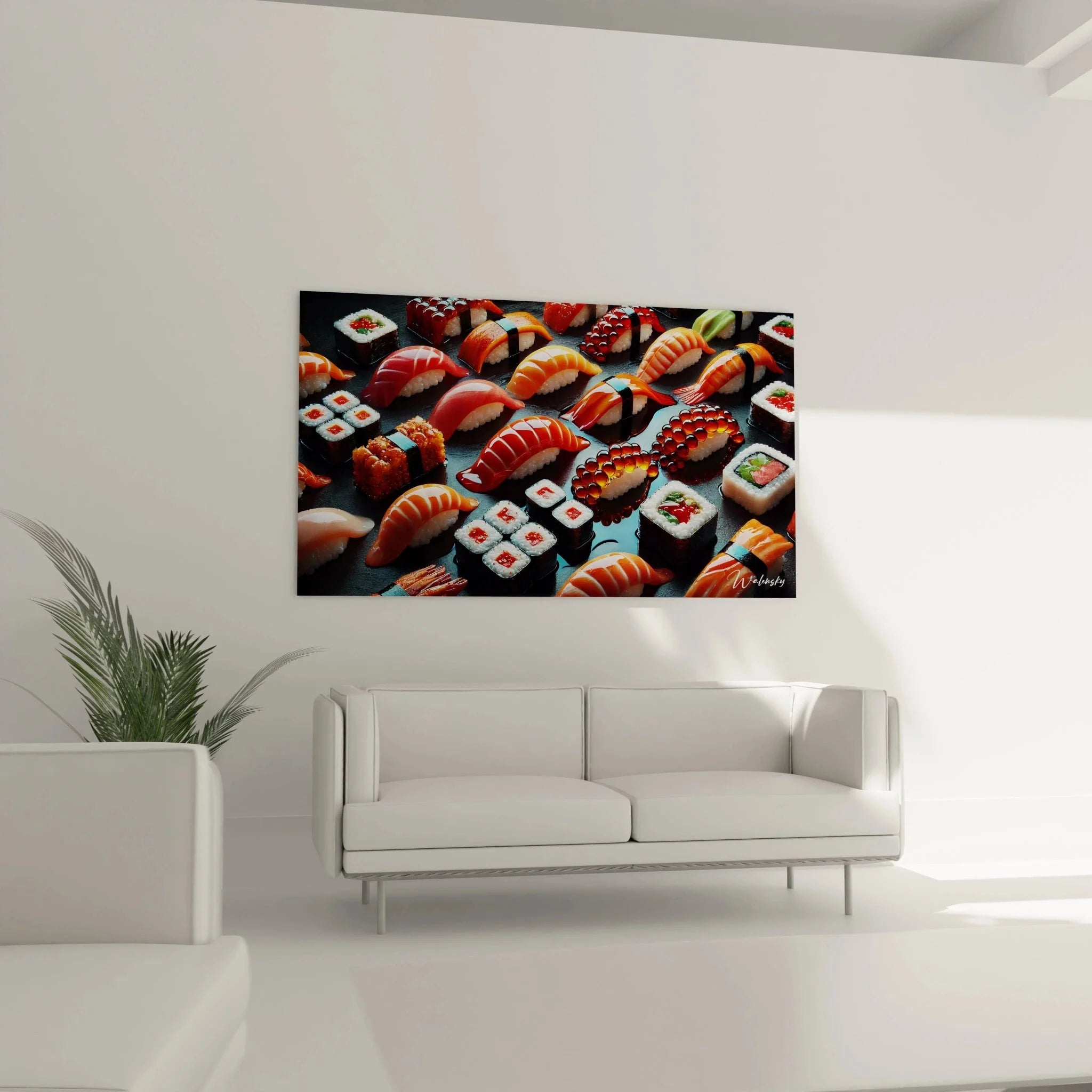 Detailansicht Sushi Wandbild mit Kaviar-Rollen und Lachs Nigiri - hochwertige Food-Art Darstellung