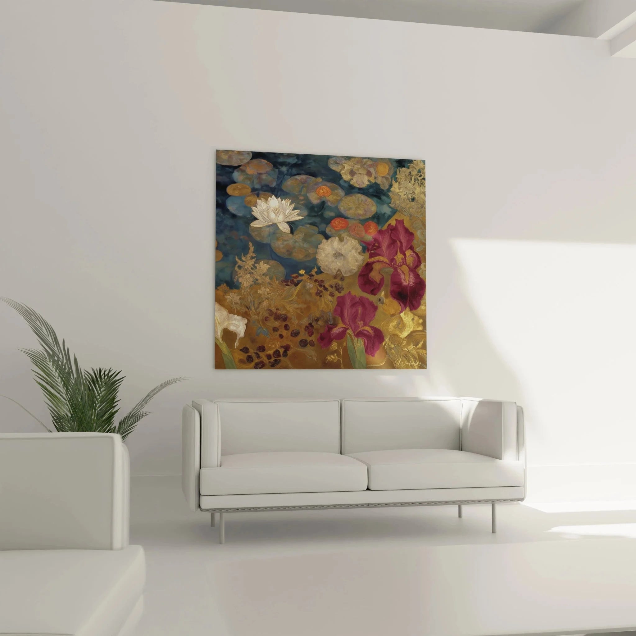 Detailansicht symbolistische Blütenmalerei mit goldenen Seerosenblättern und violetten Iris Blüten