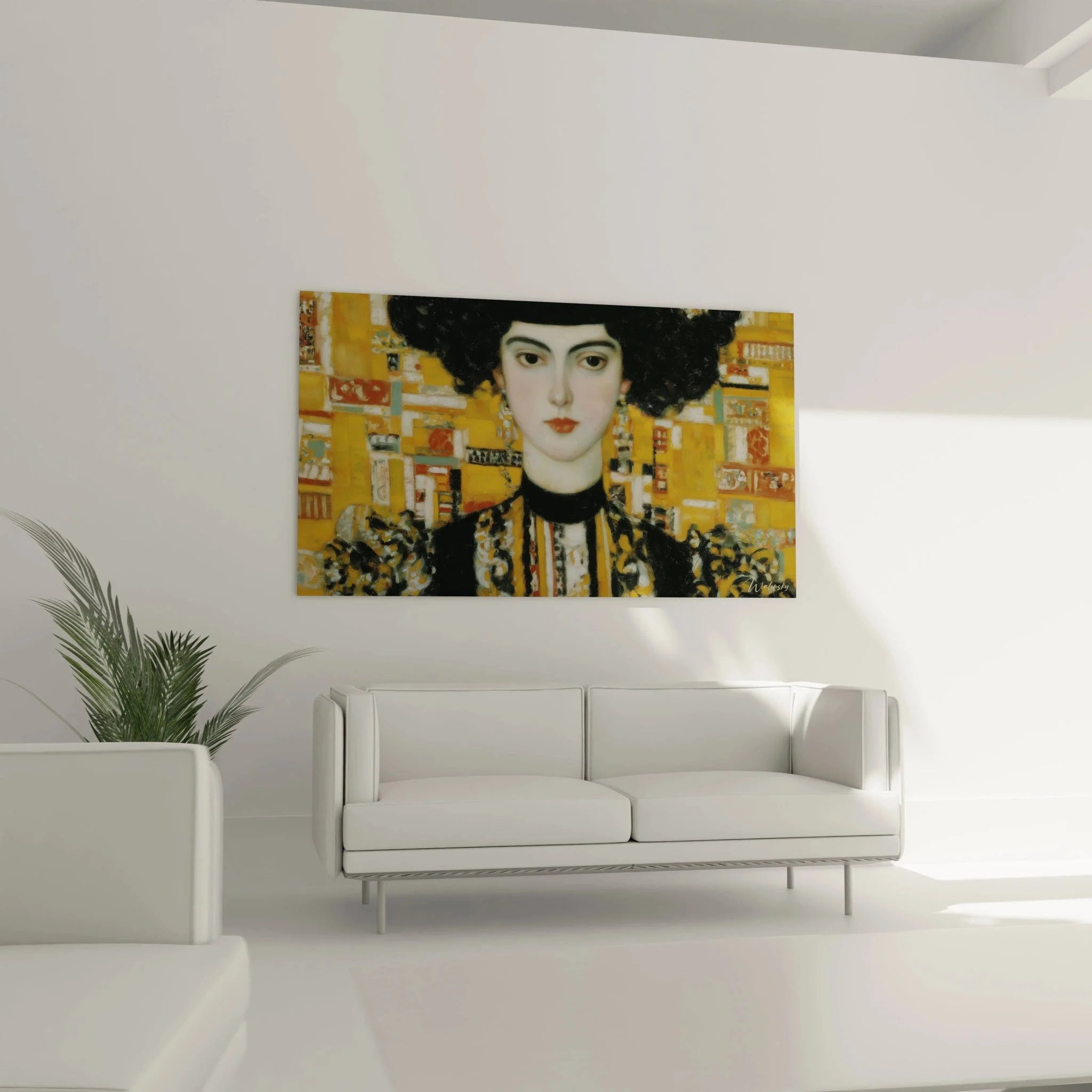 Detailansicht symbolistisches Frauenporträt mit ausdrucksstarken Augen und goldenem Hintergrund