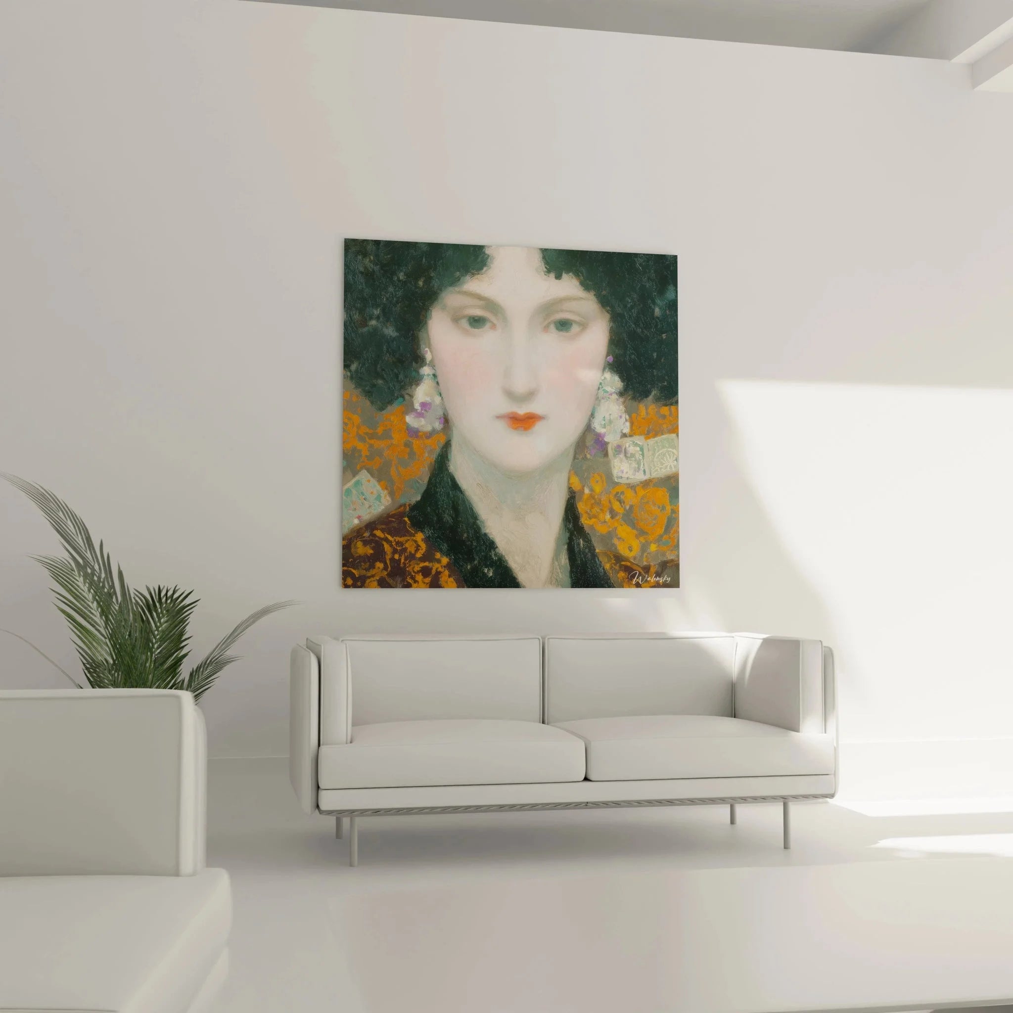 Detailansicht symbolistisches Wandbild zeigt ornamentale Blütenmuster und kunstvolle Ohrringe