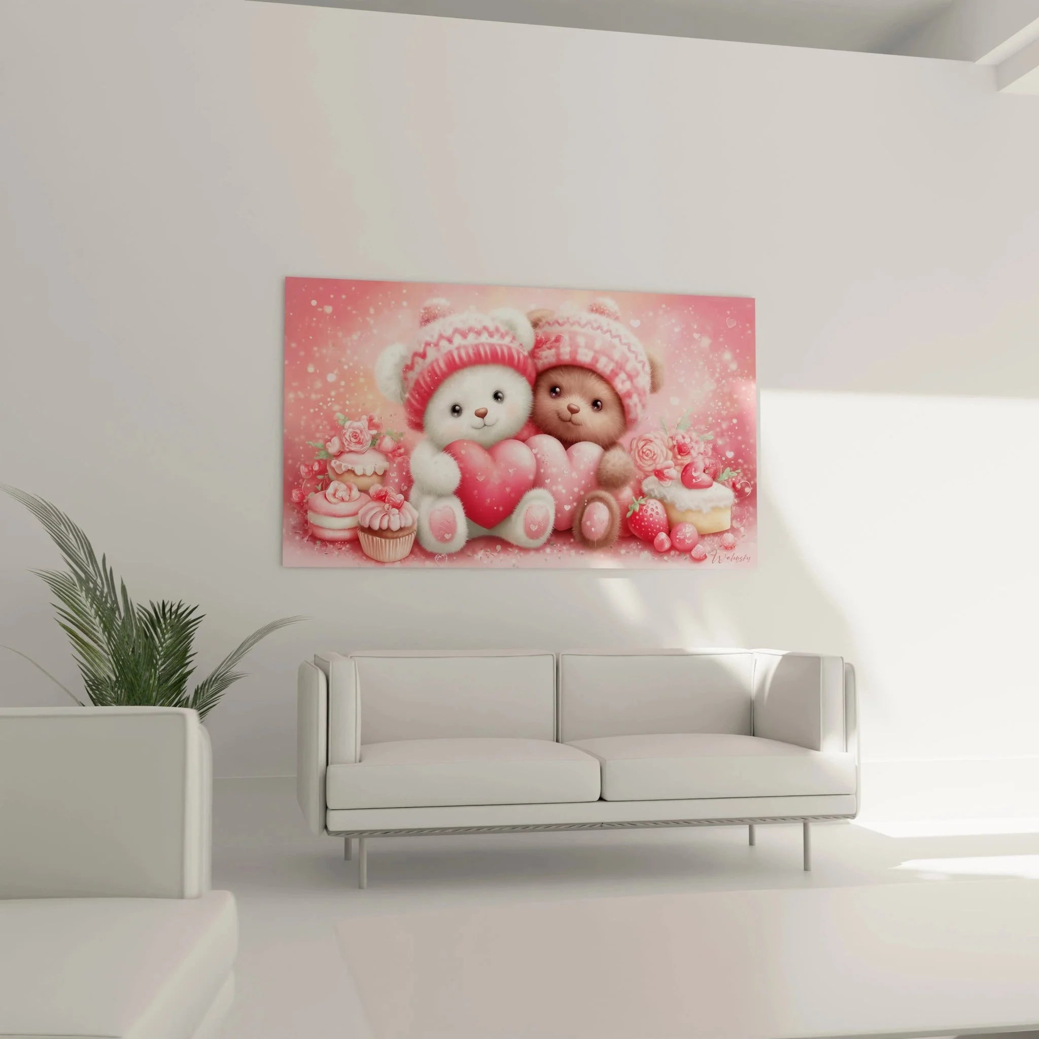 Detailansicht süße Teddybären Wandbild mit Herzen und Rosen Valentinstag Motiv rosa