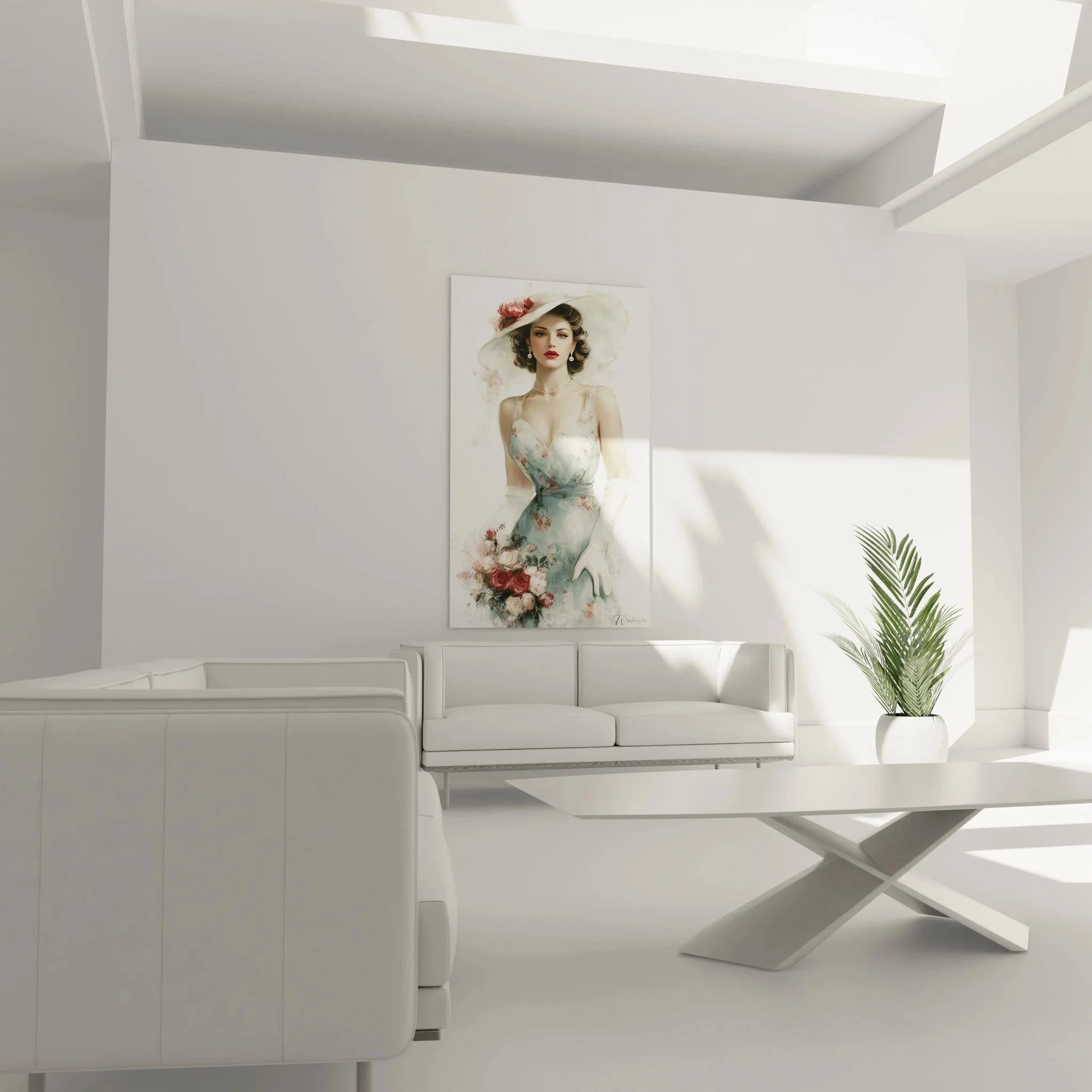 Detailansicht Vintage Wandkunst Dame mit elegantem Hut und Perlenschmuck im Retro-Stil