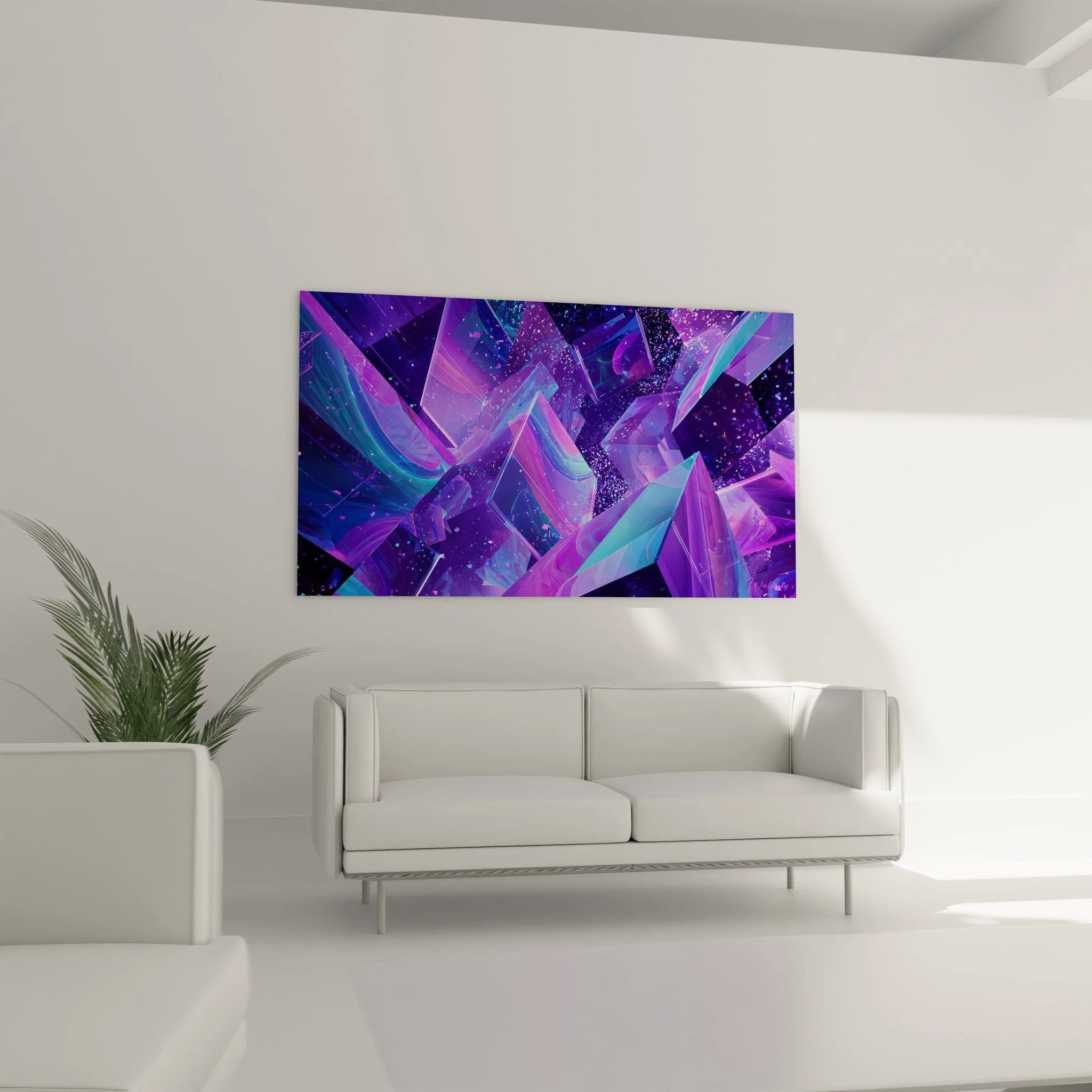 Detailansicht der schimmernden violetten Kristallstrukturen im futuristischen Wandbild