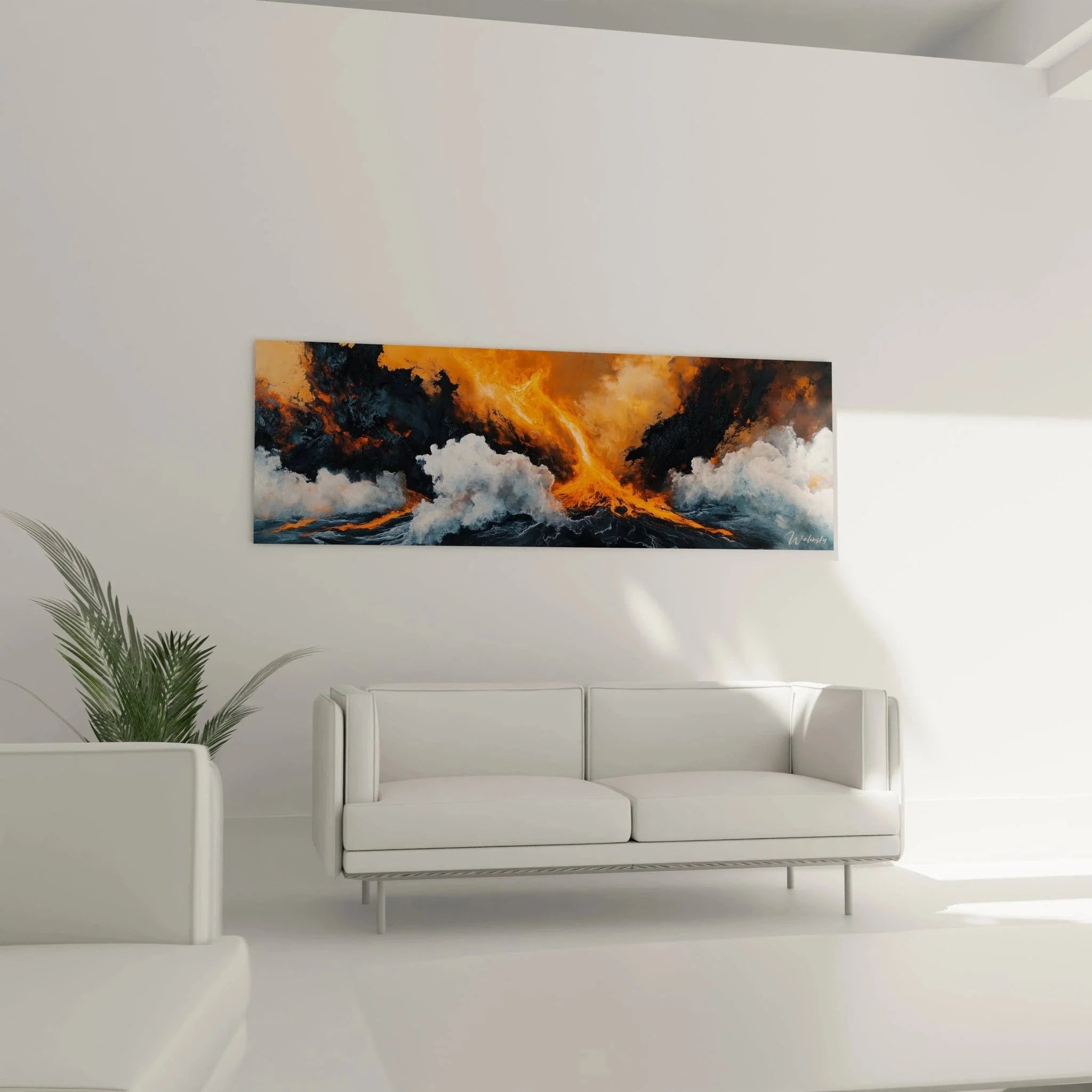 Detailansicht expressionistische Vulkanmalerei, kraftvolle Pinselstriche in Orange und Grau