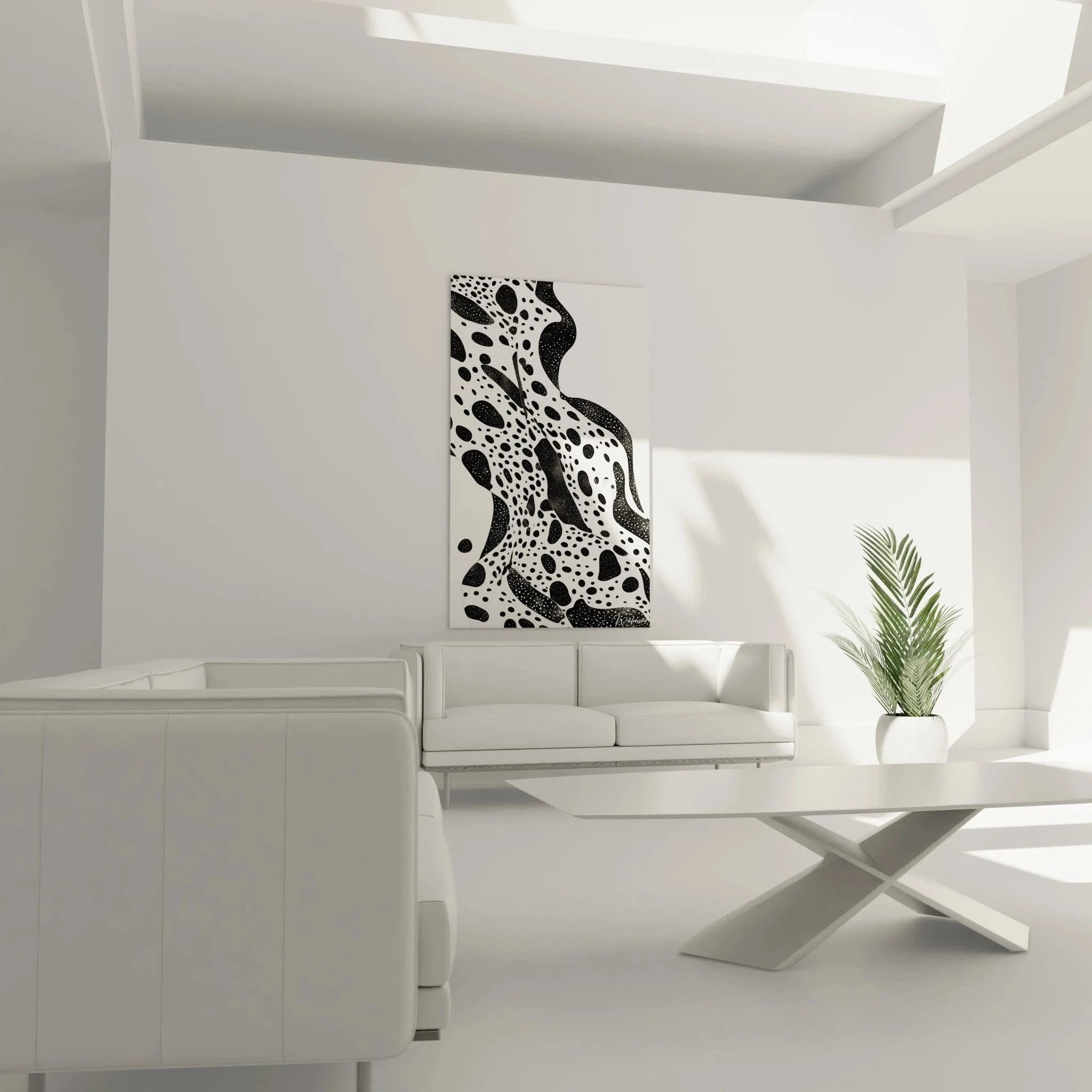 Detailaufnahme Wandbild abstrakt mit strukturierten Punktmustern und fließenden Formen schwarz-weiß