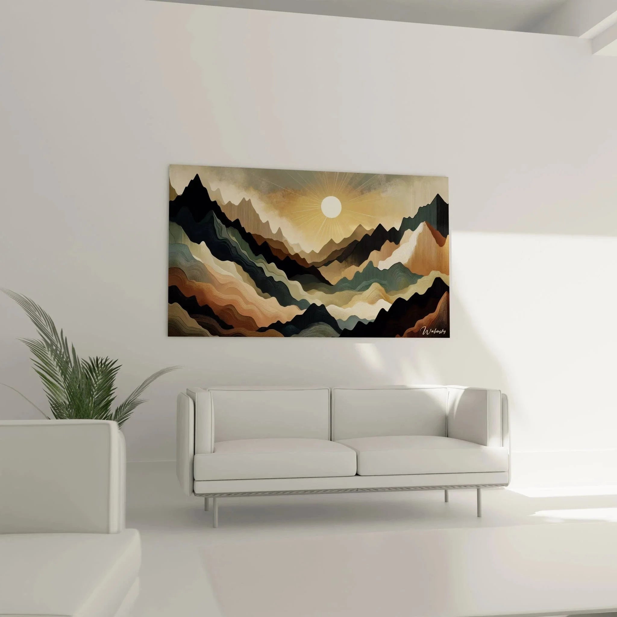 Detailaufnahme Wandbild abstrakte Berglandschaft mit wellenförmigen Strukturen in Ocker und Grautönen