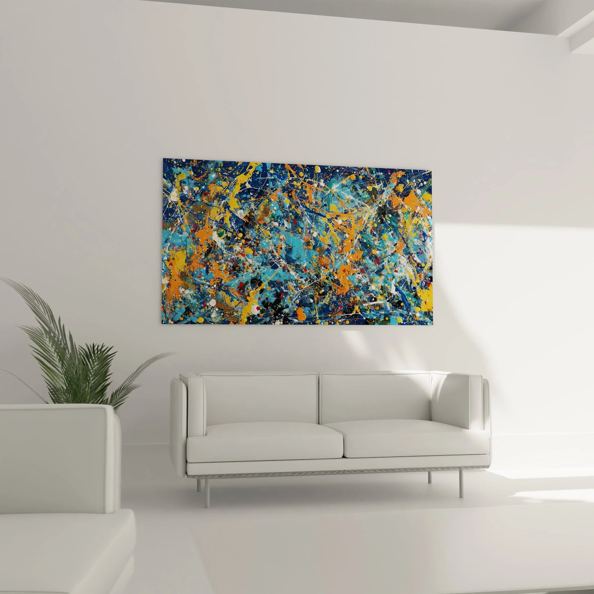 Detailaufnahme Wandbild abstrakte Farbspritzer Blau Orange - Malerei-Optik Struktur und Textur