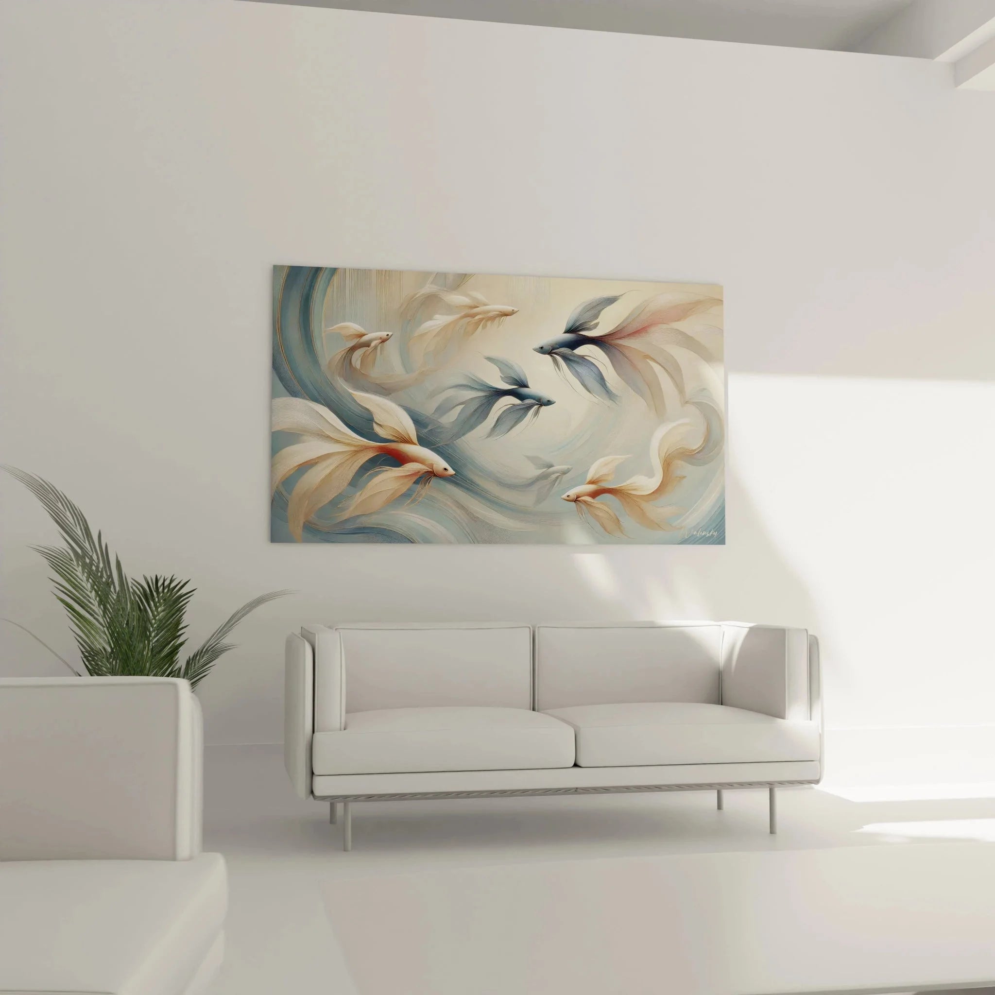 Detailansicht Wandbild abstrakte Fische mit transparenten Flossen in Aquarell-Optik