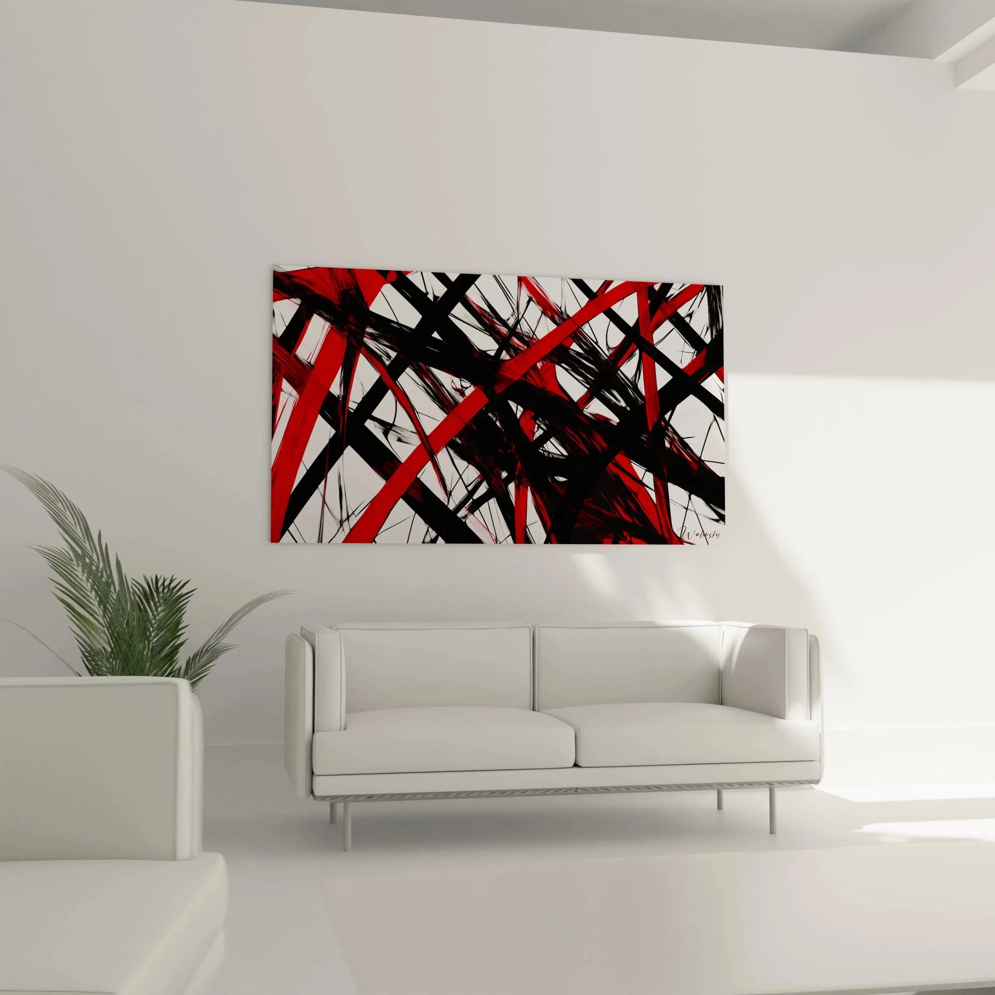 Detailansicht Wandbild abstrakte Linienführung rot schwarz geometrische Strukturen Nahaufnahme