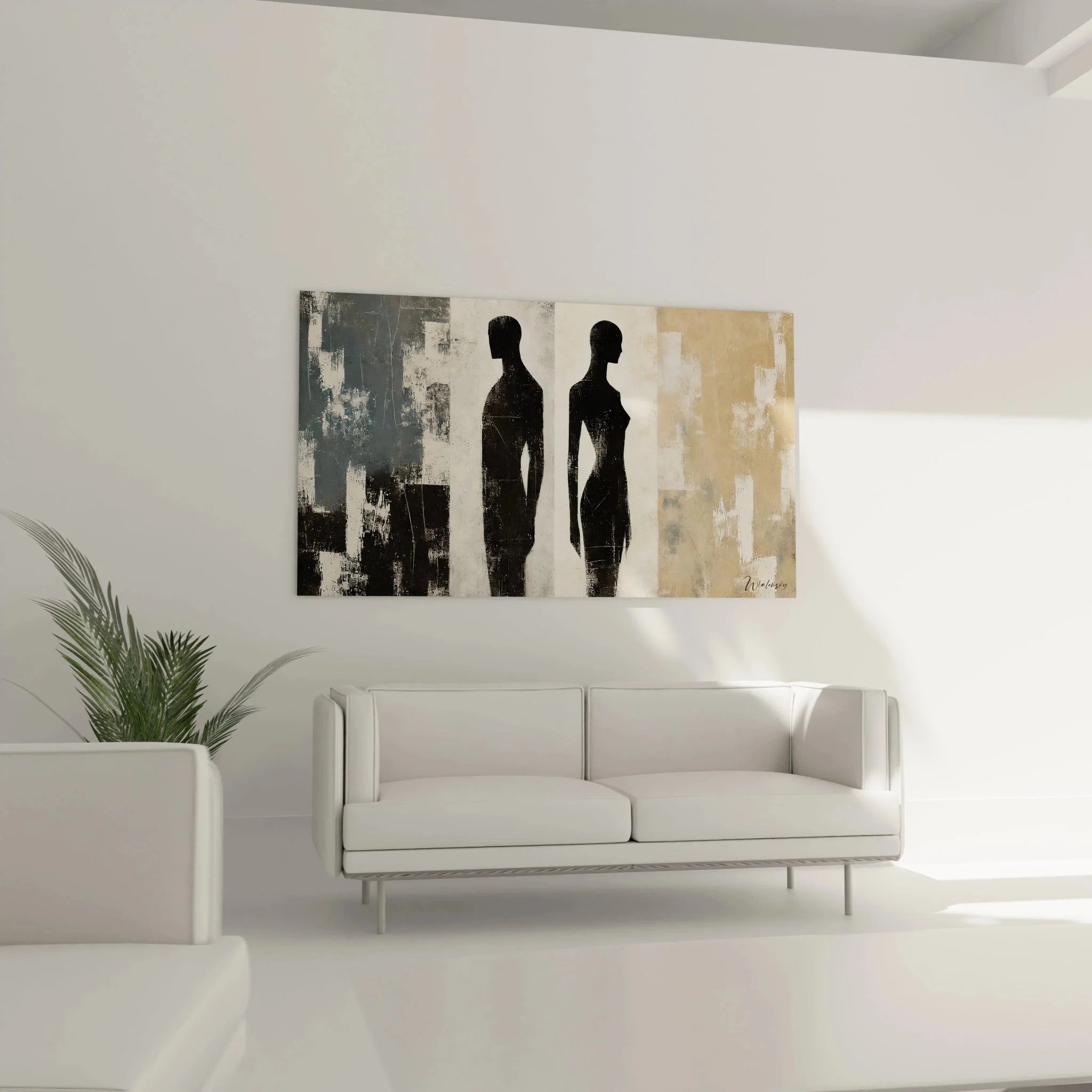 Detailansicht abstrakte Silhouetten Wandbild, moderne Malerei mit texturierten Hintergründen