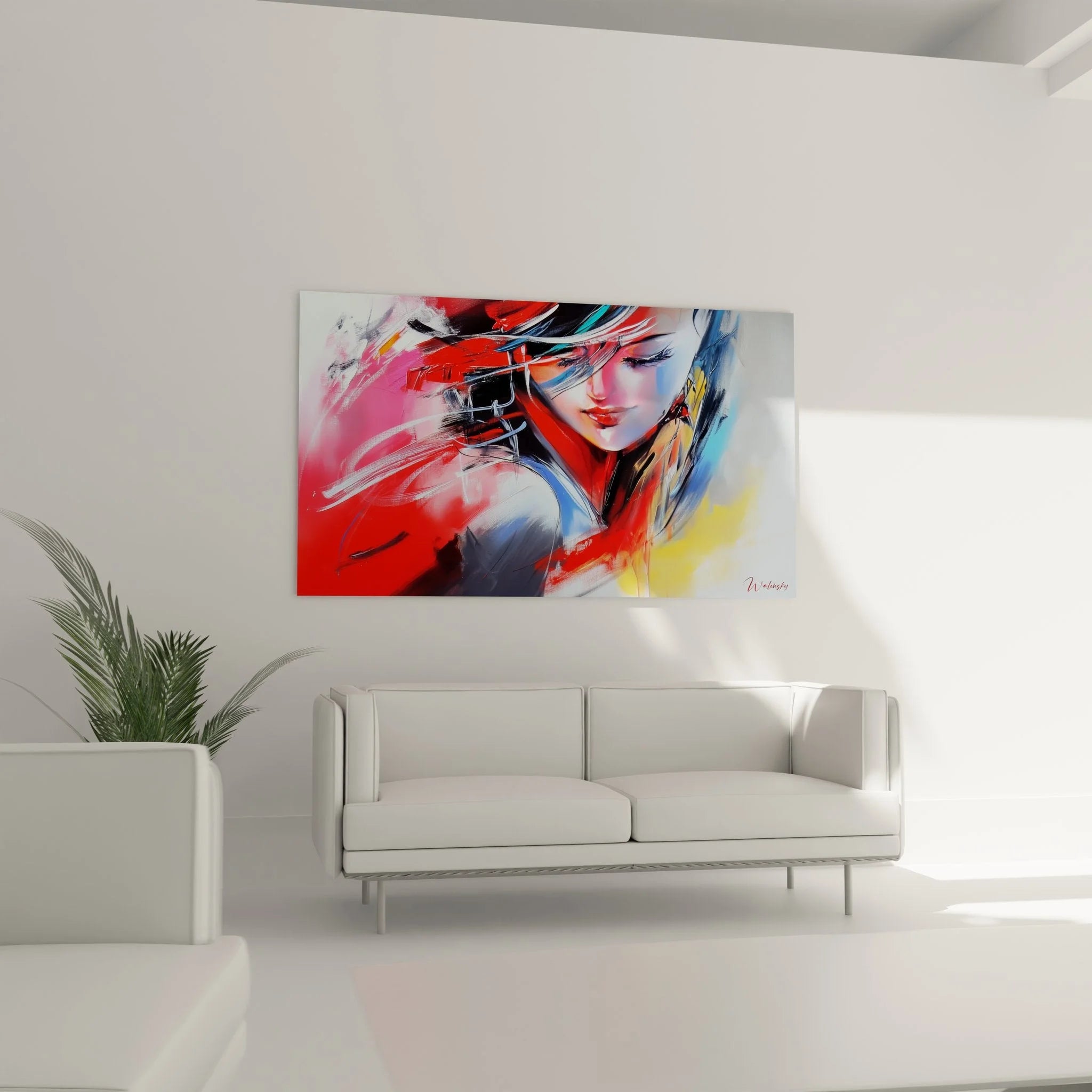 Detailansicht abstraktes Wandbild Frau mit roten Lippen und expressiven Farbverläufen