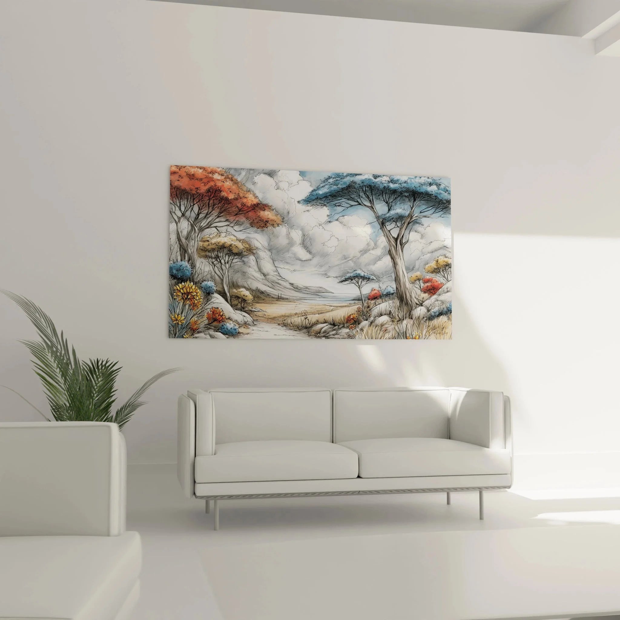 Detailansicht Wandbild Afrika - Herbstliche Baumkronen und Savanne Landschaft in warmen Farben
