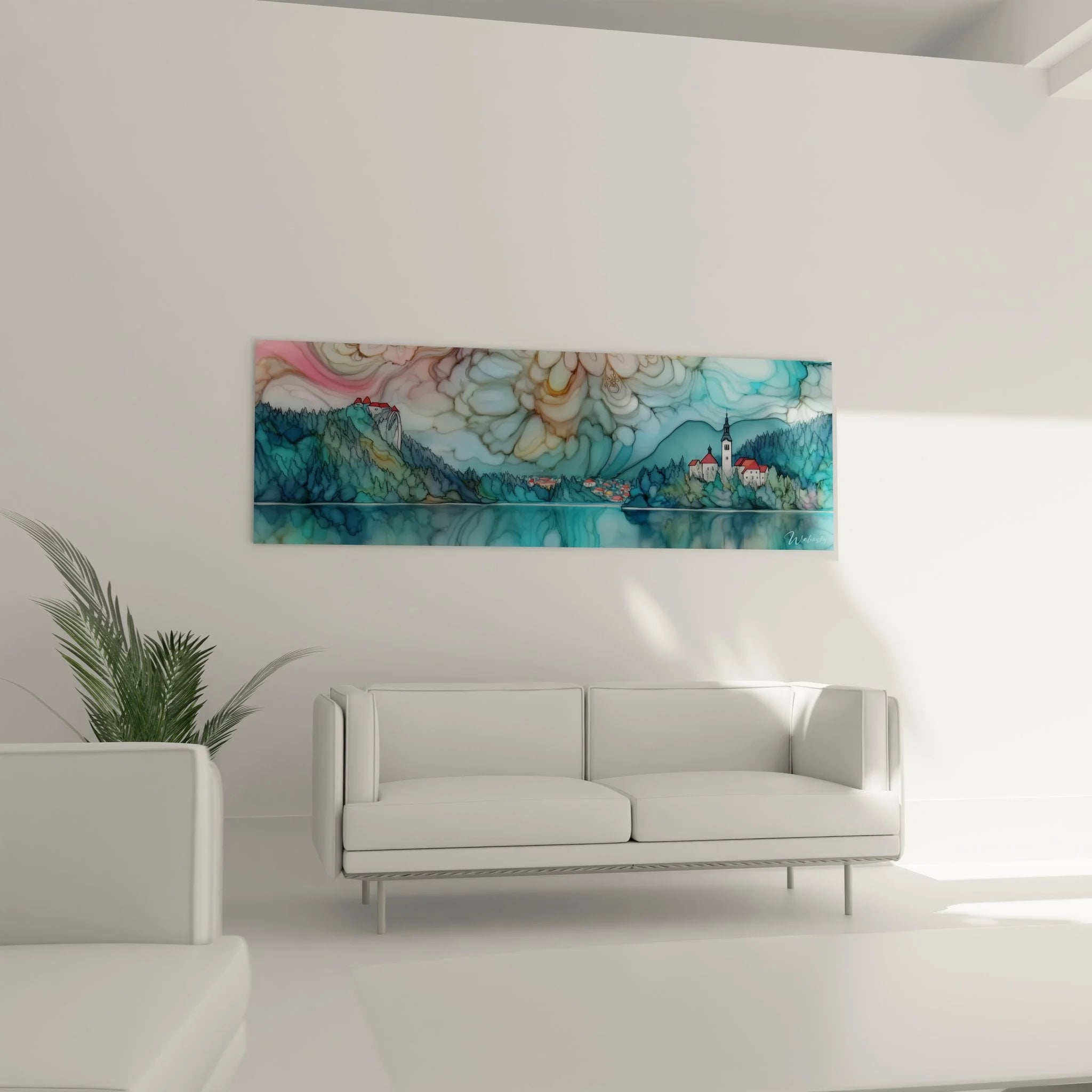 Detailansicht Wandbild Alpensee, fließende türkise Wolkenformationen über Bergkirche und Bergsee