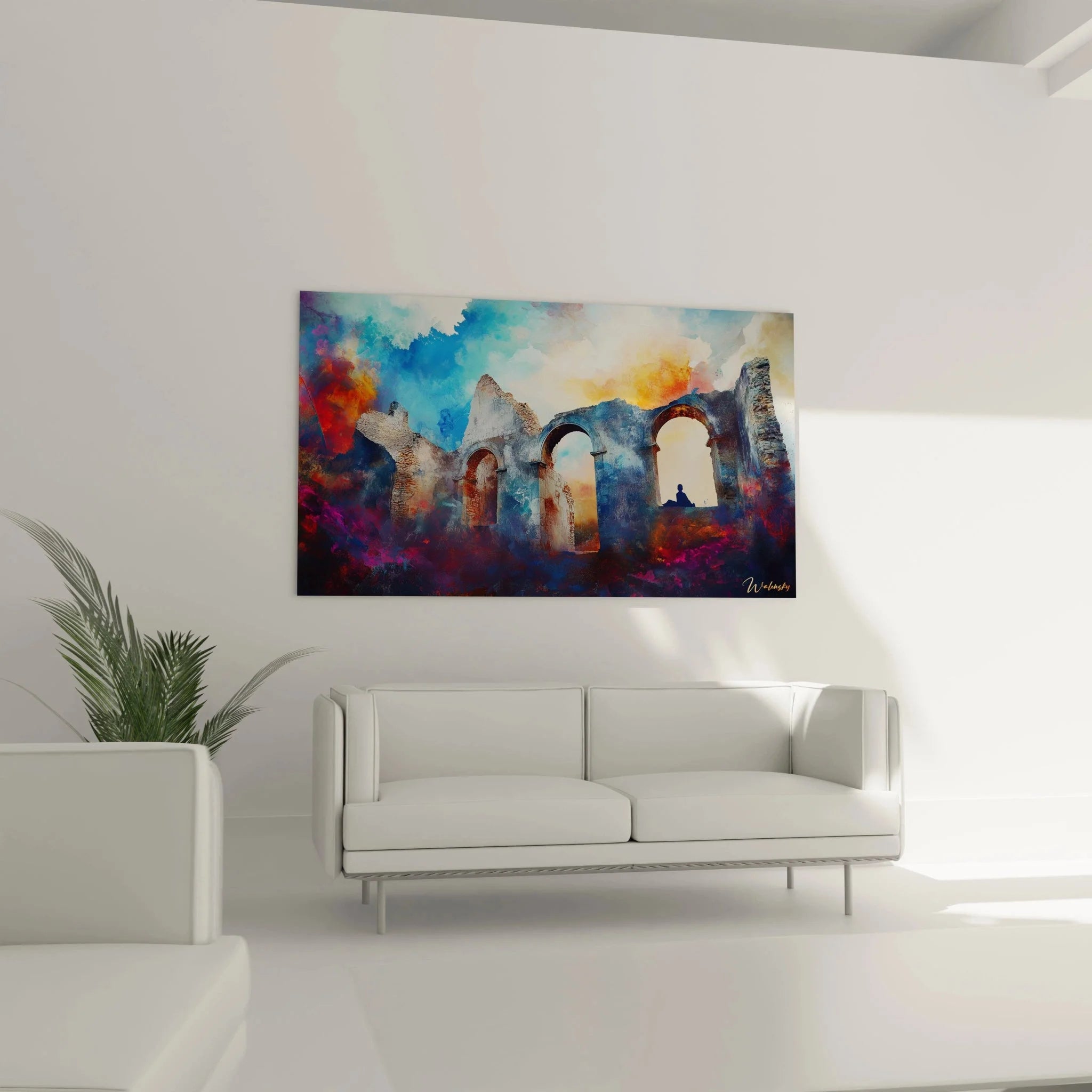 Detailansicht Wandbild antike Ruinen - farbintensive romantische Malerei mit Steinbögen und Himmelsstimmung