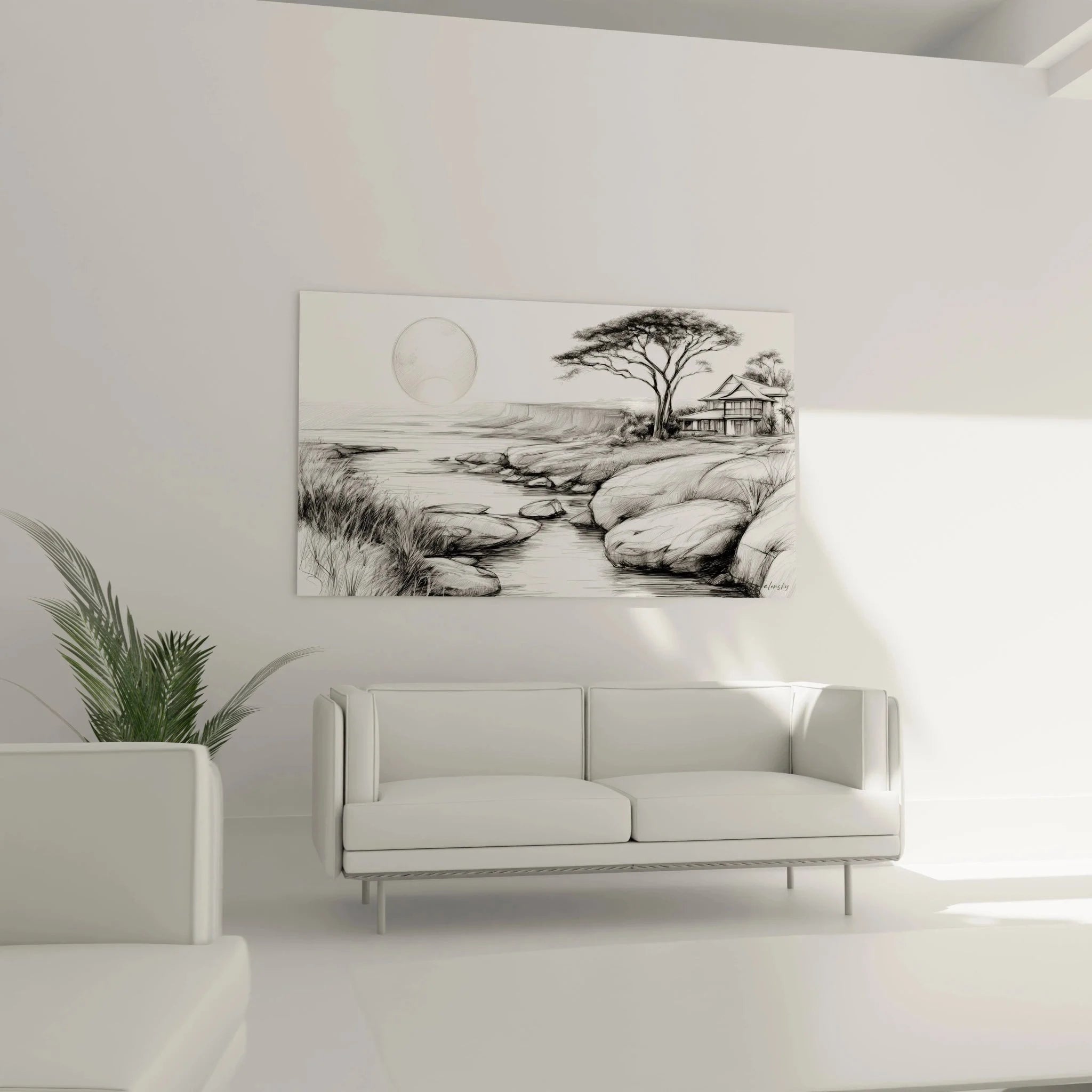 Detailaufnahme Wandbild Afrika Savanne zeigt Baobab-Baum Äste und Mondlicht Schattierungen in Bleistift