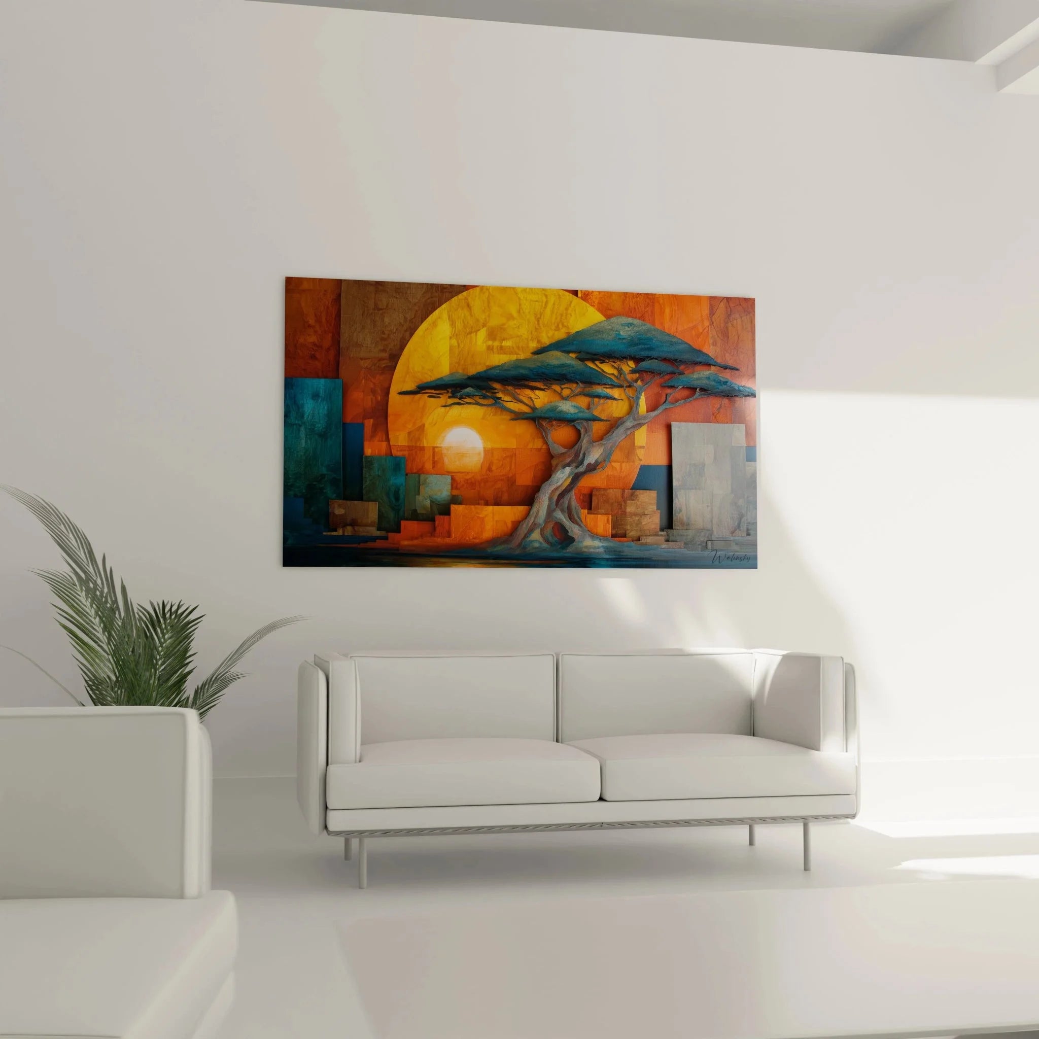Detailansicht geometrisches Wandbild Baobab - kubistische Formen in Orange, Blau und Erdtönen der Savannenlandschaft