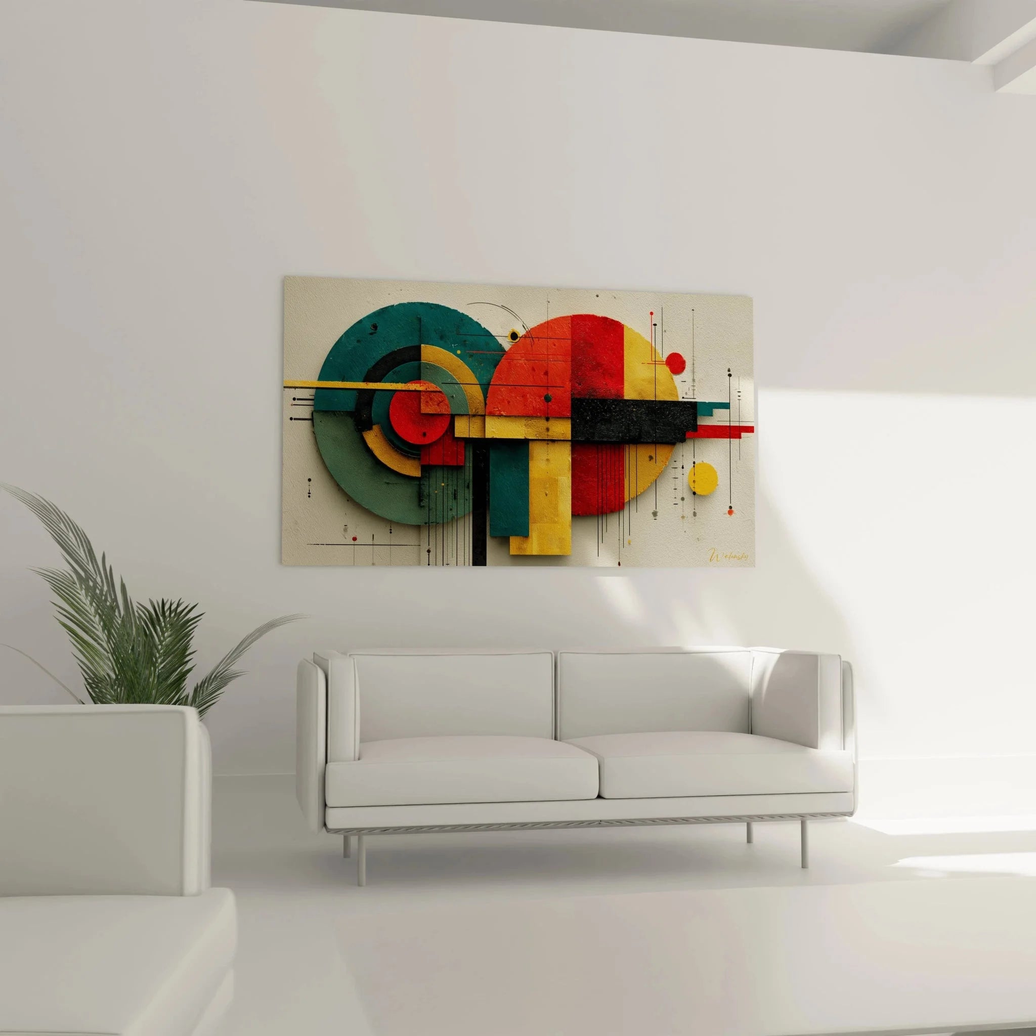 Detailaufnahme Wandbild Bauhaus mit geometrischen Formen und präzisen Linien in leuchtenden Farben