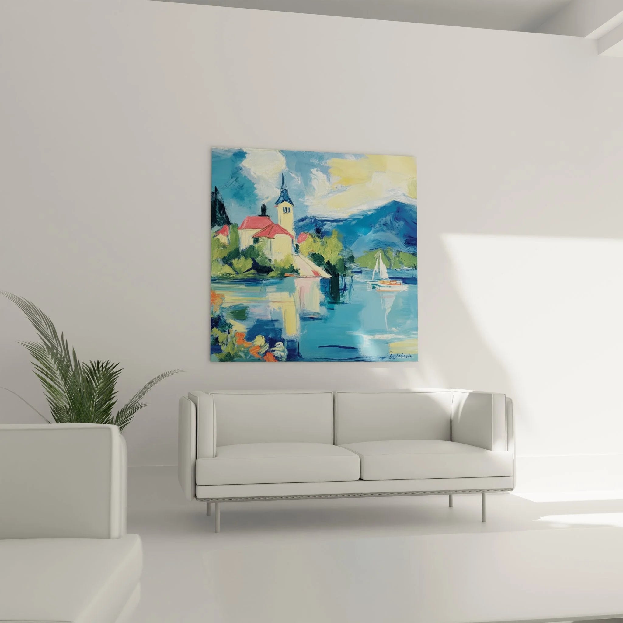 Detailansicht Wandbild Bergkirche am See - Impressionistische Maltechnik mit leuchtenden Farben